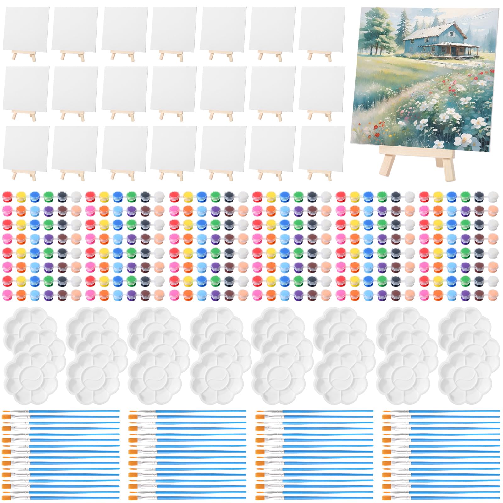 Qilery 24 Set 8 x 8 Inch Canvas Boards and Easel for Painting, Acrylic Paint Strips, Palettes, Brushes, Canvases Painting Kits for Kids Adults Artists Beginners Oil Acrylic Painting Party Favors