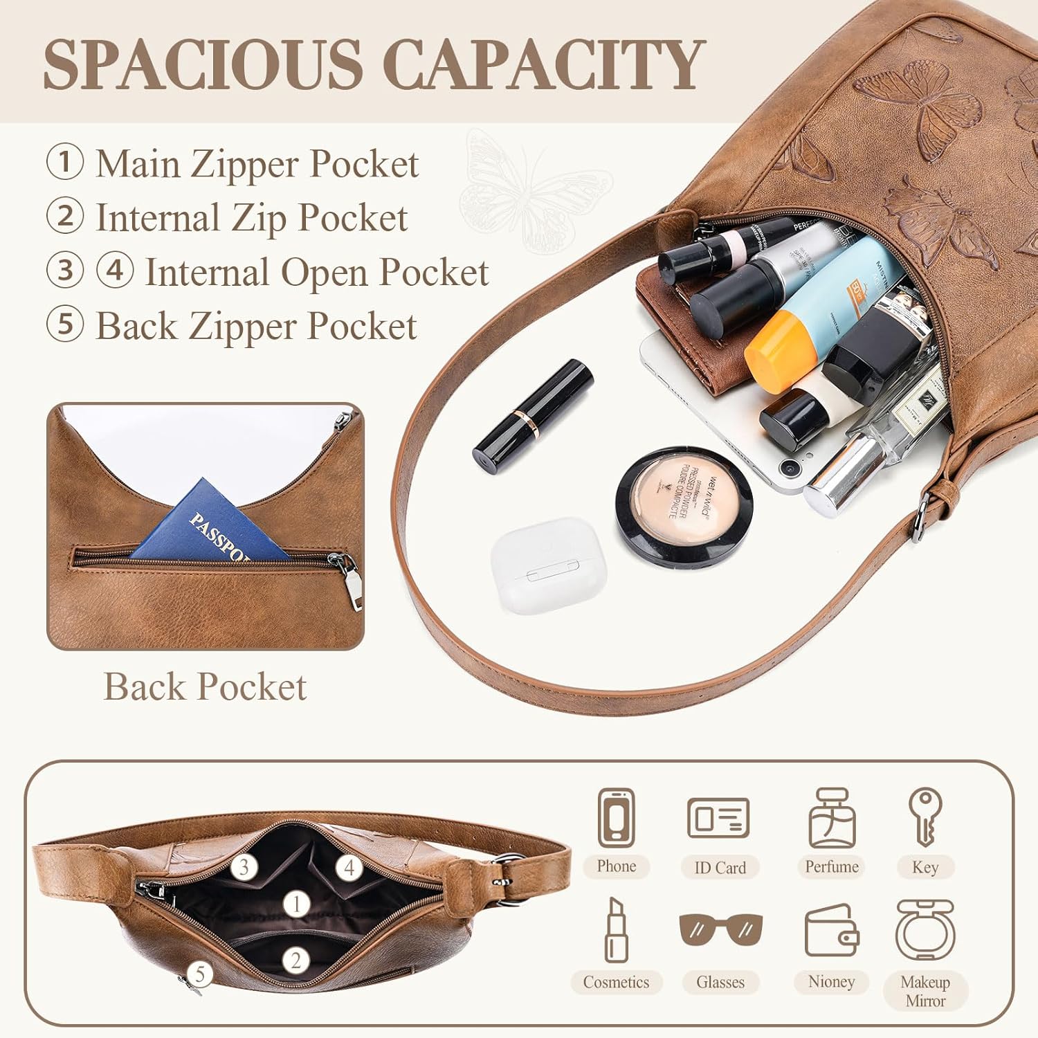BELTANA Small Shoulder Bag for Women, Butterfly Vegan Leather Hobo Purse with Top Handle, Trendy Underarm Handbag for Daily | Smooth Zipper, Adjustable Strap, Gifts for Women, Crescent Bag