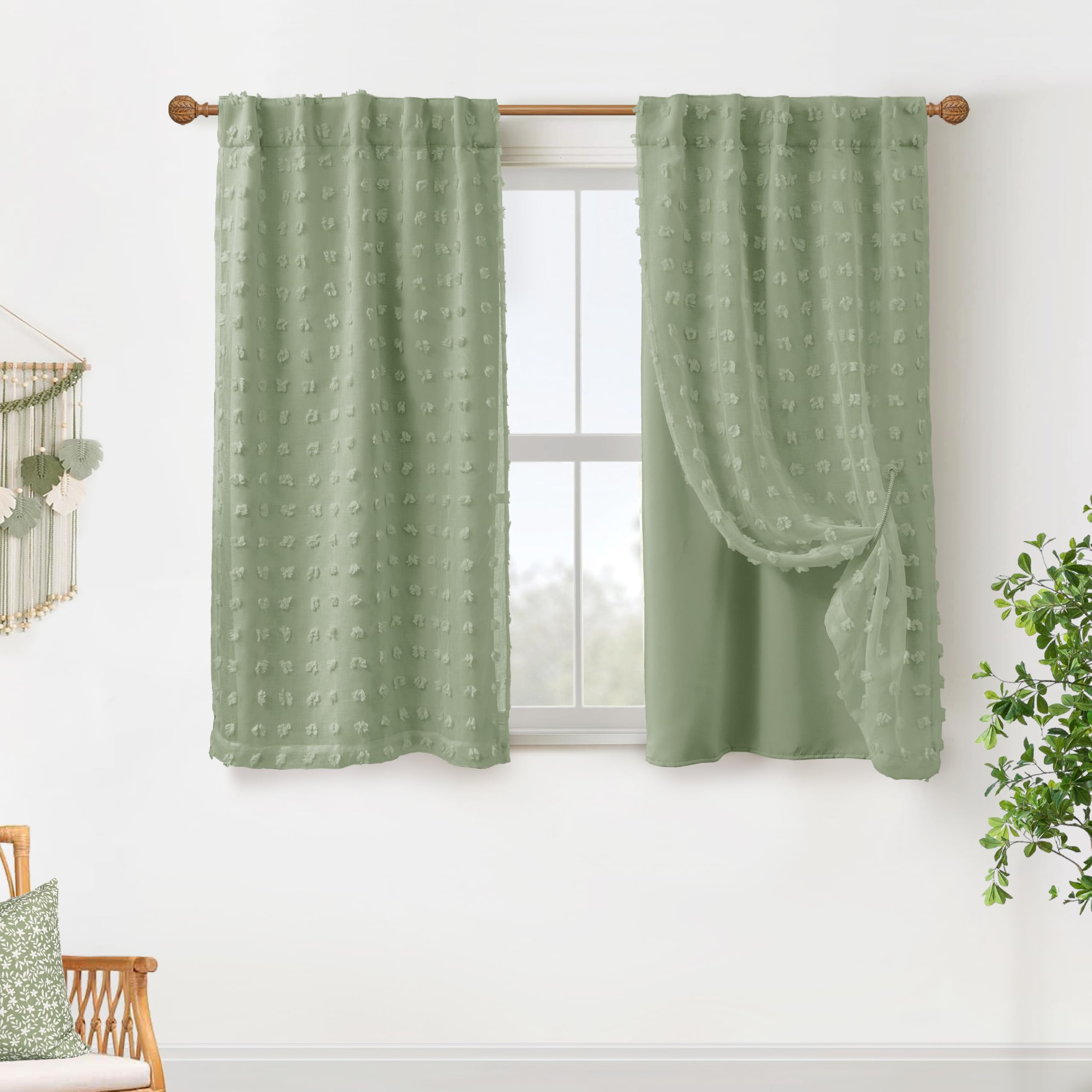Back Tab Pom Pom Sage Green Curtains for Girls Room Bedroom