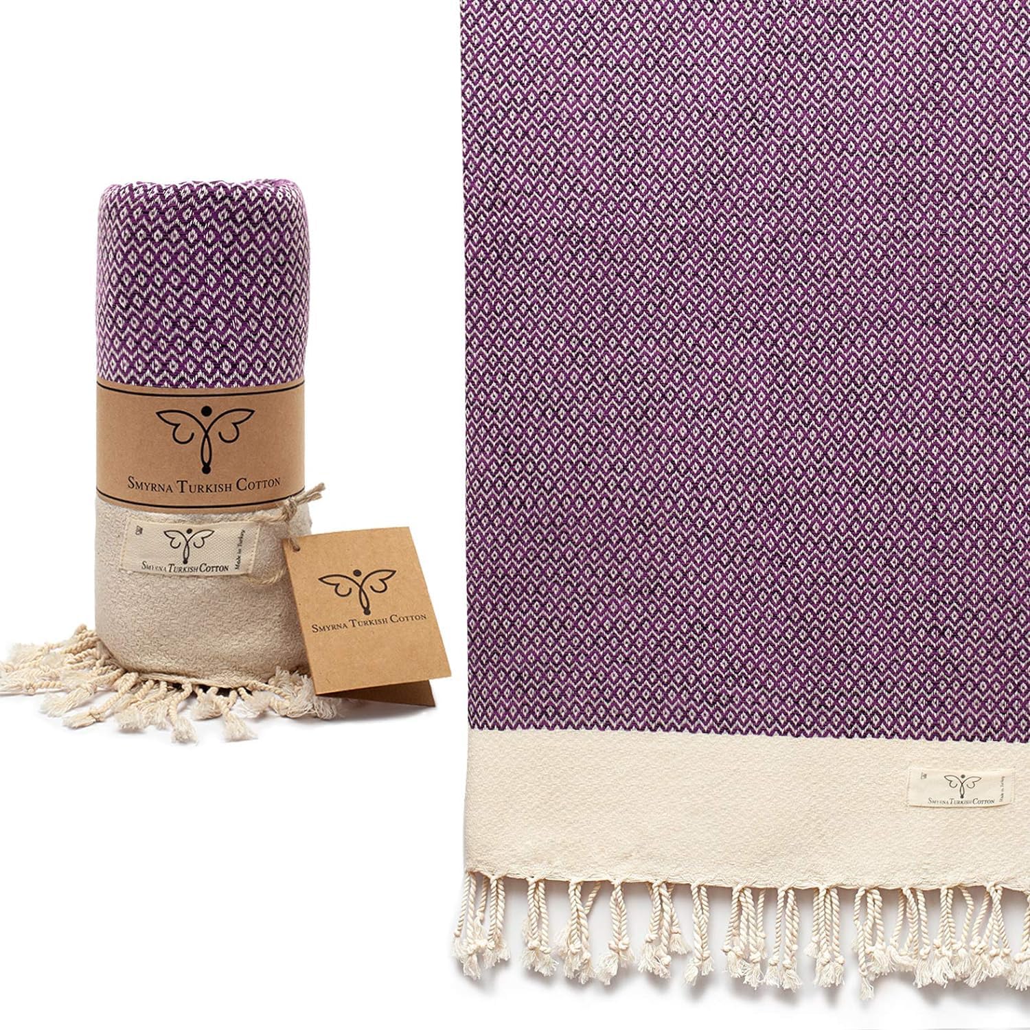 SMYRNA TURKISH COTTON Vintage Series Turkish Beach Towel Oversized, 37x71 inch, Extra Large Quick Dry Sand Free Beach Blanket, Lightweight Cotton Pool, Spa, Travel, Gym, Adult Bath Towel, Purple