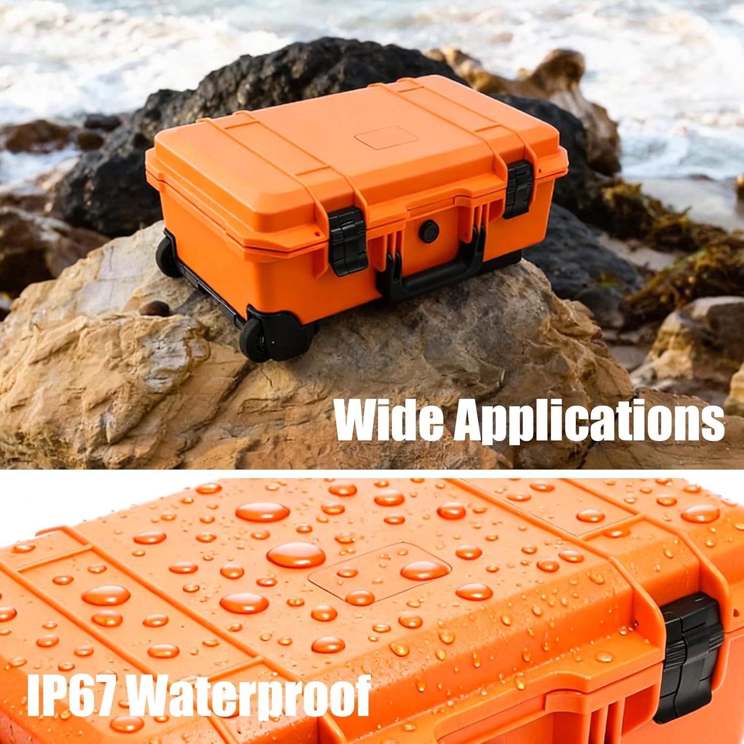 All Weather Rolling Waterproof Protective Hard Case 22 x 14 x 9.3 Inches Multi-Purpose Hard Case with Customizable Foam, Carry-On Hard Cases with Retractable Pull Handle and Wheels (Orange)