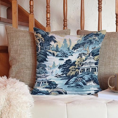 Vista 91 de ArogGeld Funda de cojín de chinoiserie japonesa chinoiserie asiática, fundas de almohada de pagoda azul asiática, funda de almohada oriental de A-1