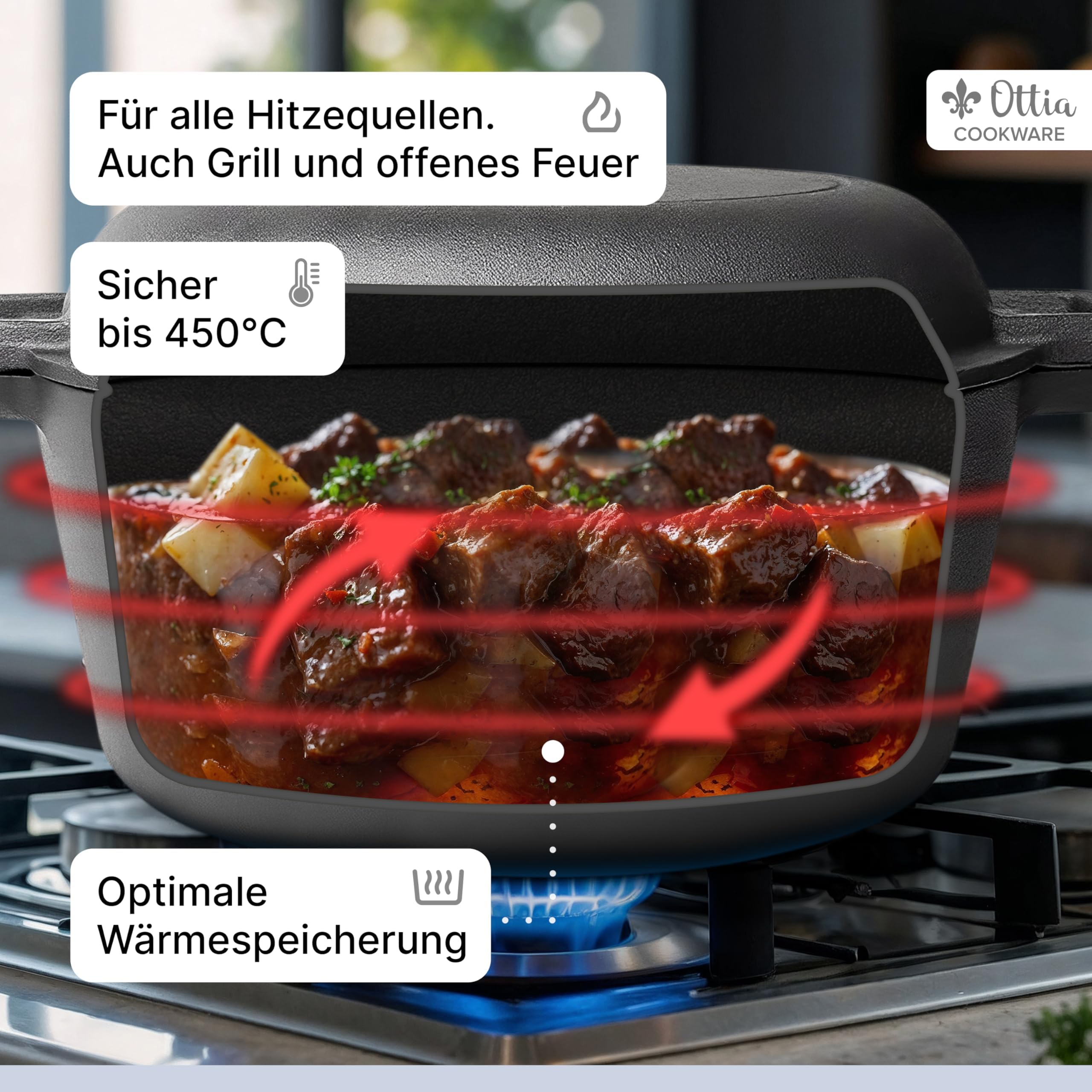 Ottia reiner Gusseisen Topf, 26cm, als Brotbackform, Brotbacktopf, Dutch Oven, Brotbackform, Schmortopf, Bräter, Bratentopf, zum Brot backen, Cast Iron pot, Cocotte, aus dem Fachhandel, aus Hamburg