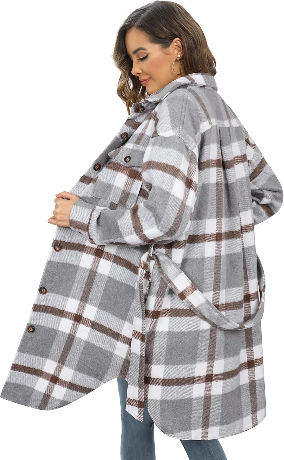NIeyook Plaid Shacket Jacket Women Button Down Long Flannel Shirt Fall Oversized Jackets Casual Shaket Lapel Winter Coats - Image 4
