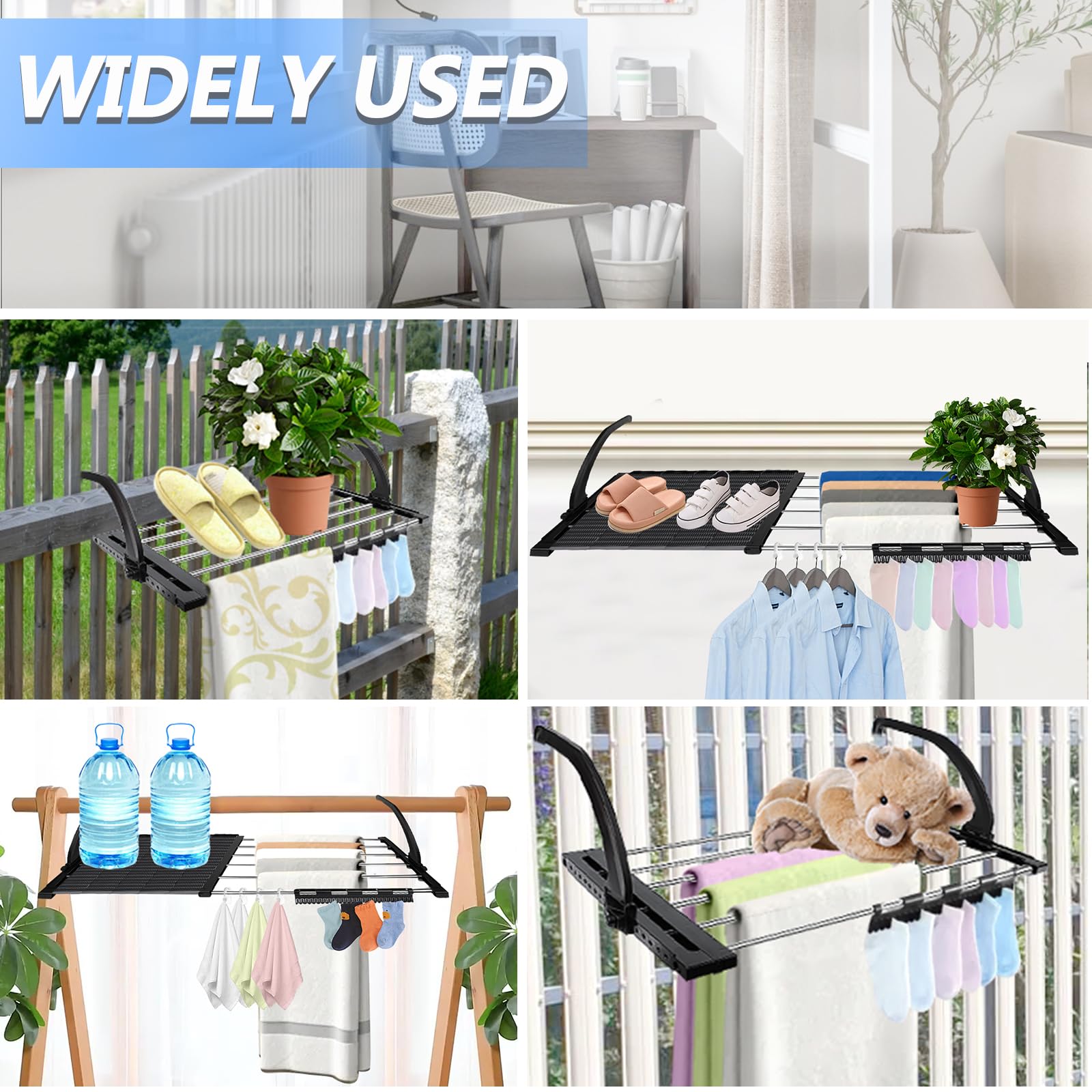 62-110cm Extensible Séchoirs à Linge Pliable en Acier Inoxydable , Mural Séchoir Express Etendoir Suspendu Balcon Radiateur Fenêtre Avec Bras Pliables, Entretoise en 5 pièces , Chaussette Coupe-Vent