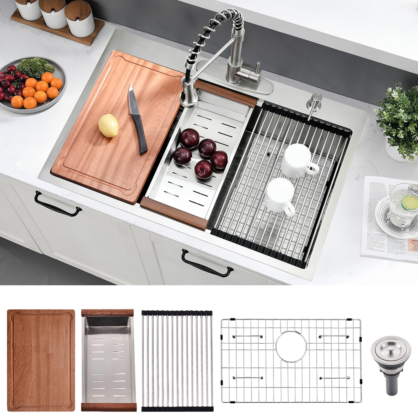 33 Inch Drop In Kitchen Sink Workstation With Accessories -HACHENL 33x22 Inch Topmount Single Bowl 16 Gauge Stainless Steel Kitchen Sink Drop In With Cutting Board