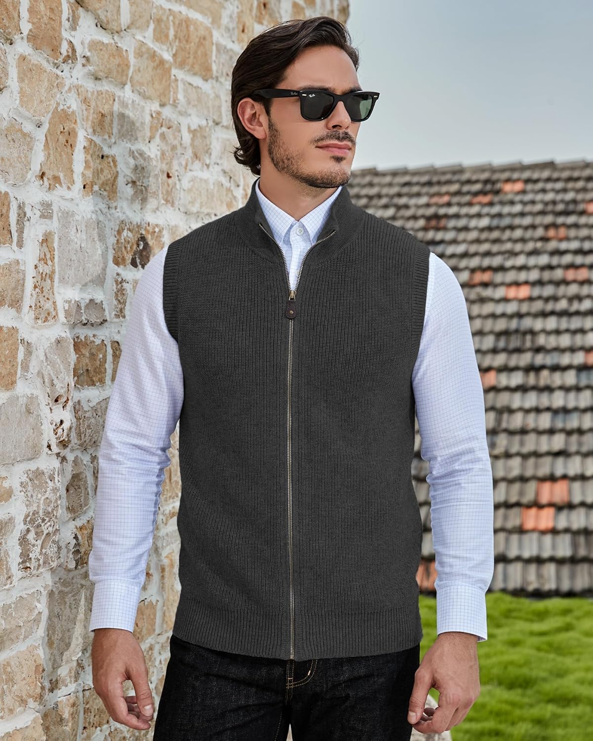 Kallspin Men's Wool Blend Sweater Cardigan Sleeveless Full Zip Cardigan Knit Classic Warm Wool Vest Sweater