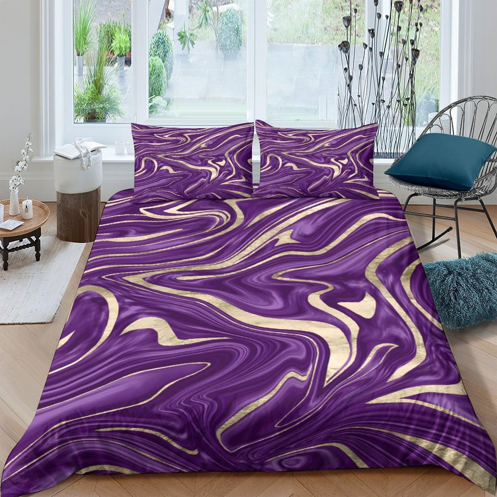 GPLZQXKJNH 3D Printed Purple Marble Duvet Cover Set Microfiber Soft Gold Swirl Bedding Set with 2 Pillowcases for Bedroom Decor Single（135x200cm）