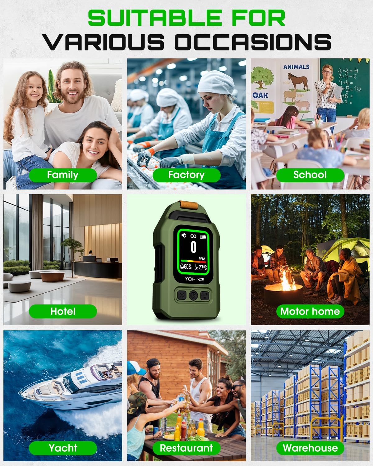 Portable Carbon Monoxide Detector for Travel, 300H Standby, CO Detector with Magnetic Back, Rechargeable 3-in-1 CO Monitor with Audible & Visual Alarm for Camping, Hotel, Car & RV (Green) - Image 7