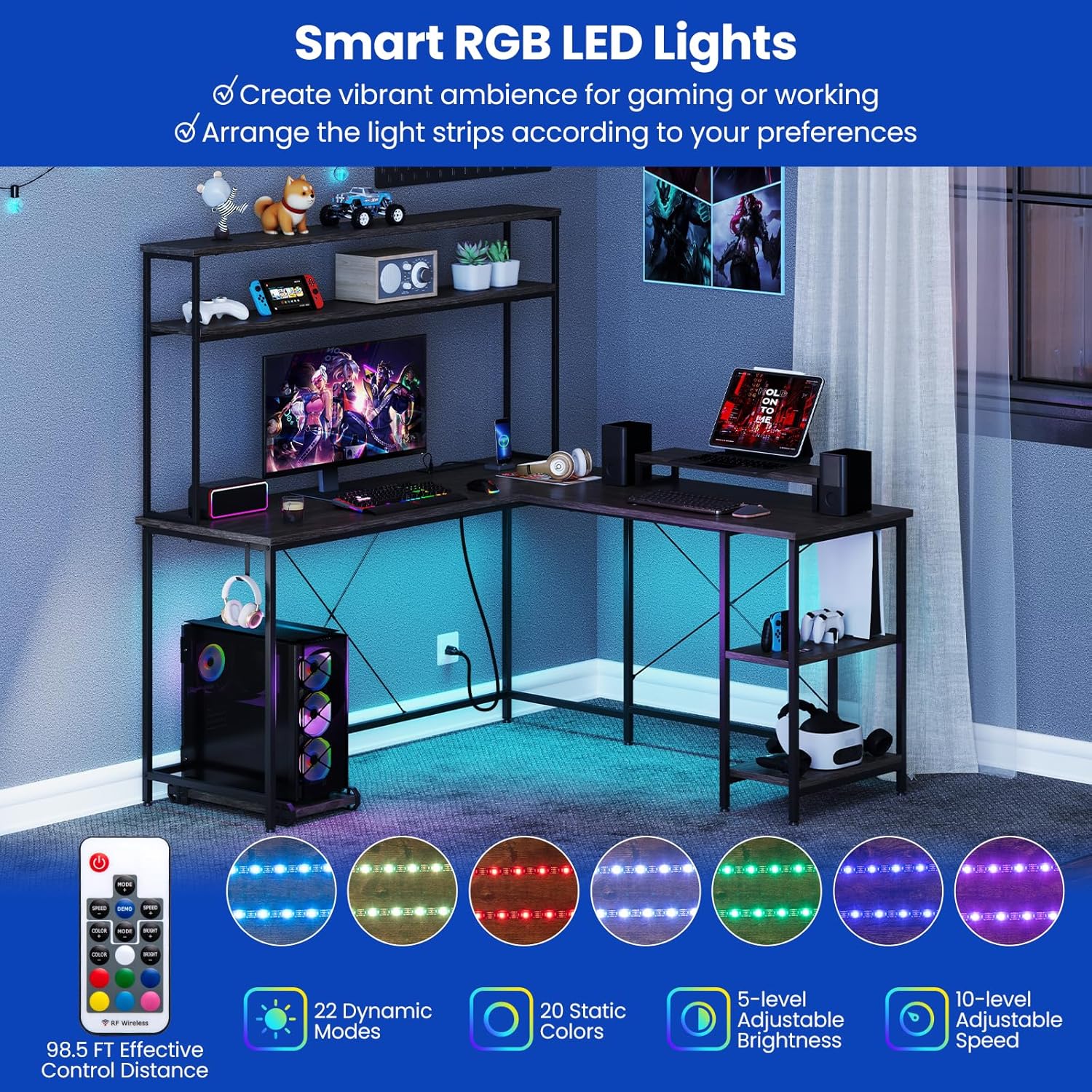 Tangkula L-Shaped Desk with LED Strip & Power Outlets, Reversible Corner Computer Desk with Hutch, Monitor Stand, CPU Stand, Storage Shelves, Headphone Hook, L-Shaped Gaming Desk (Grey)