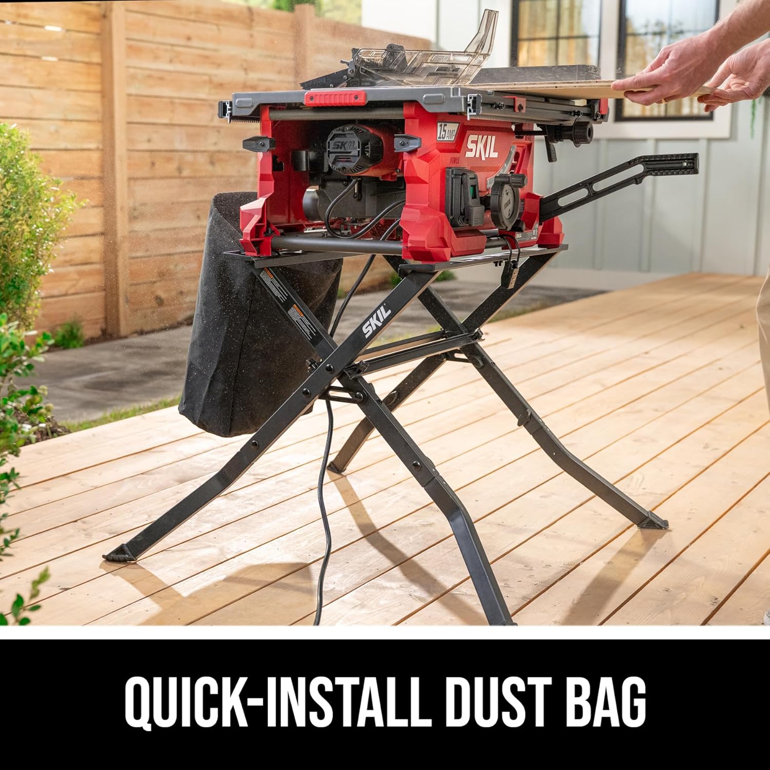 SKIL Compact Workbench with a table saw attached, showing the quick-install dust bag in use