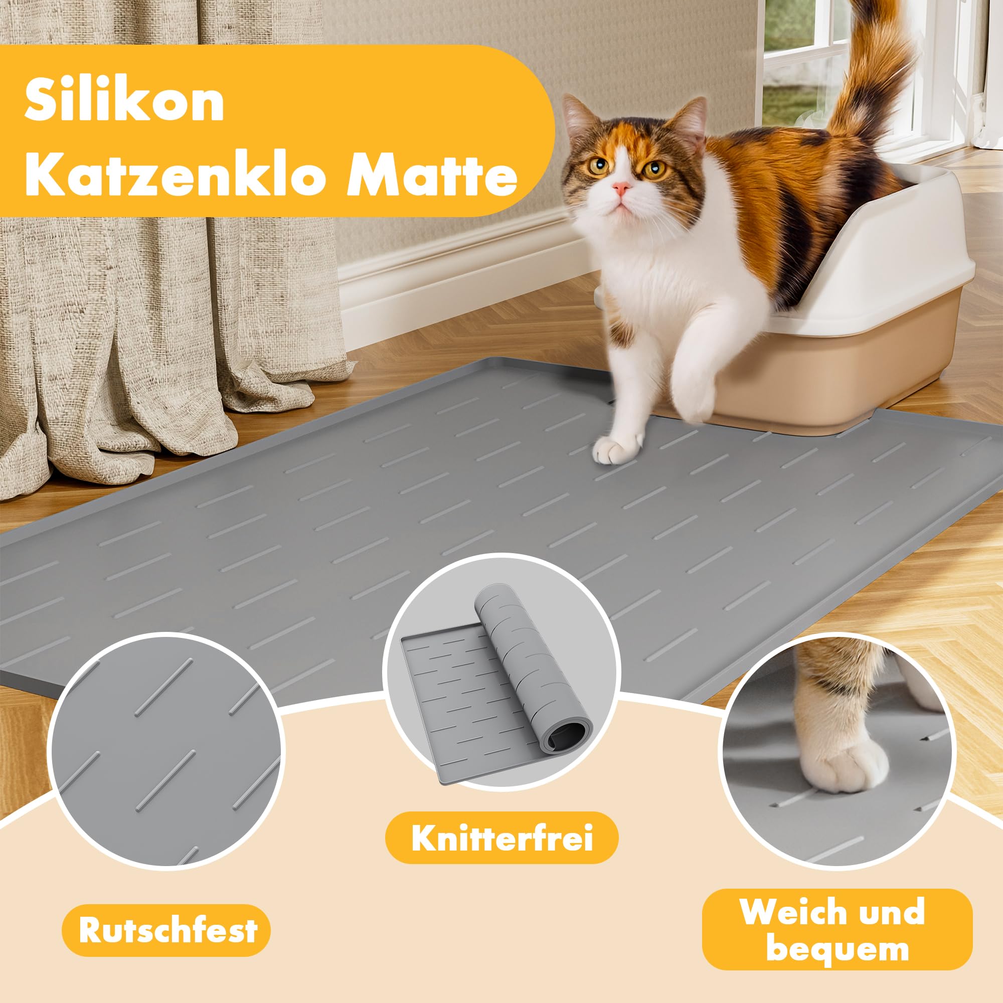Pieviev Katzenklo Matte Groß XXL, 102x71cm Unterlage Katzentoilette Silikon | Rutschfest, Wasserabweisend, Katzenstreu Auffangmatte mit Erhöhtem Rand, Leicht zu Reinigen, Extra Gross, Hellgrau