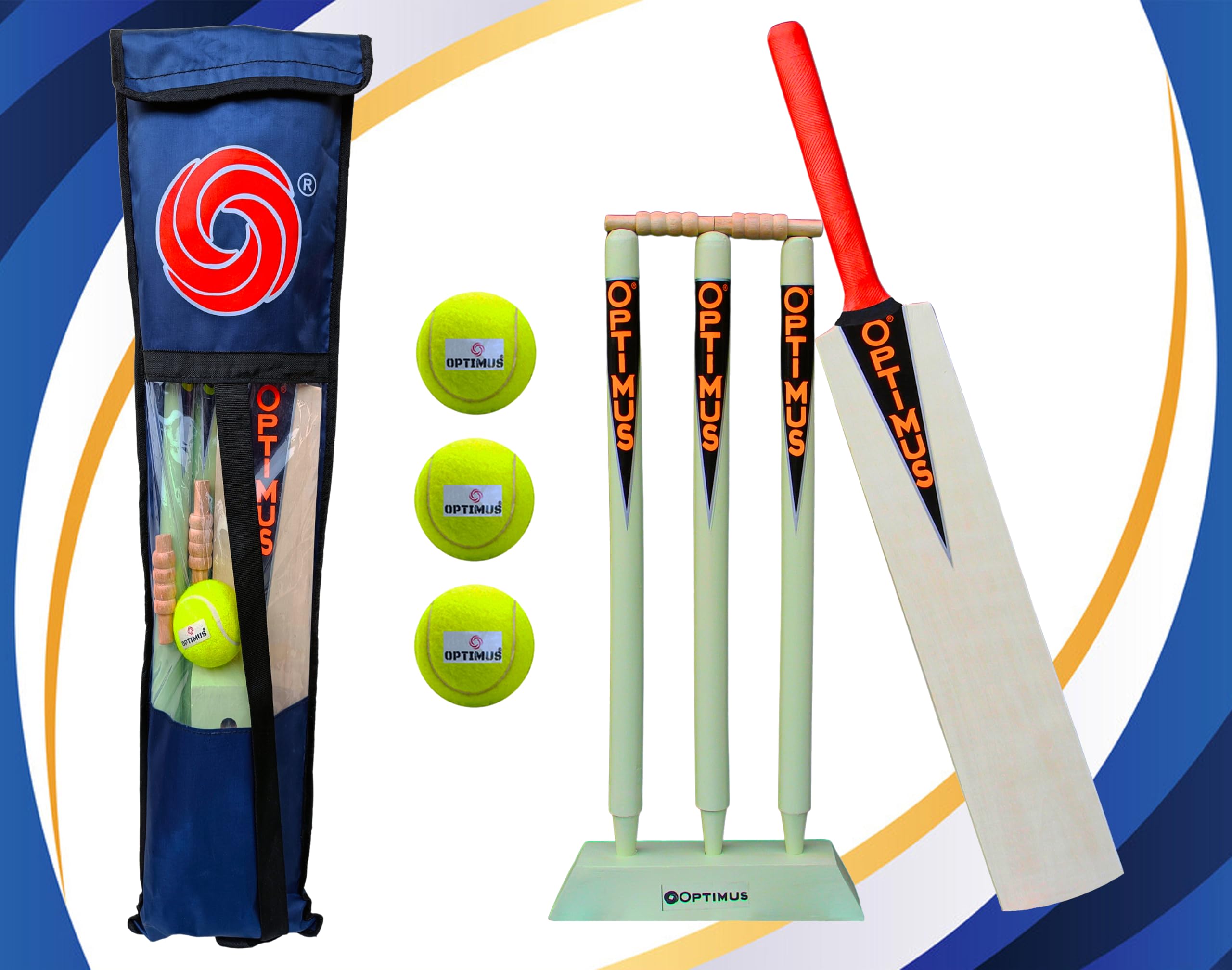 Optimus® Cricket Wooden Kit Combo Set for Kids in Heavy Tetron Cover - Size 3 for 7-8 Year Kids (1 Bat, 3 Tennis Rubber Ball, 3 Wickets, 1 Wicket Base, 2 Bails & 1 Kit Cover) 7B-image-40