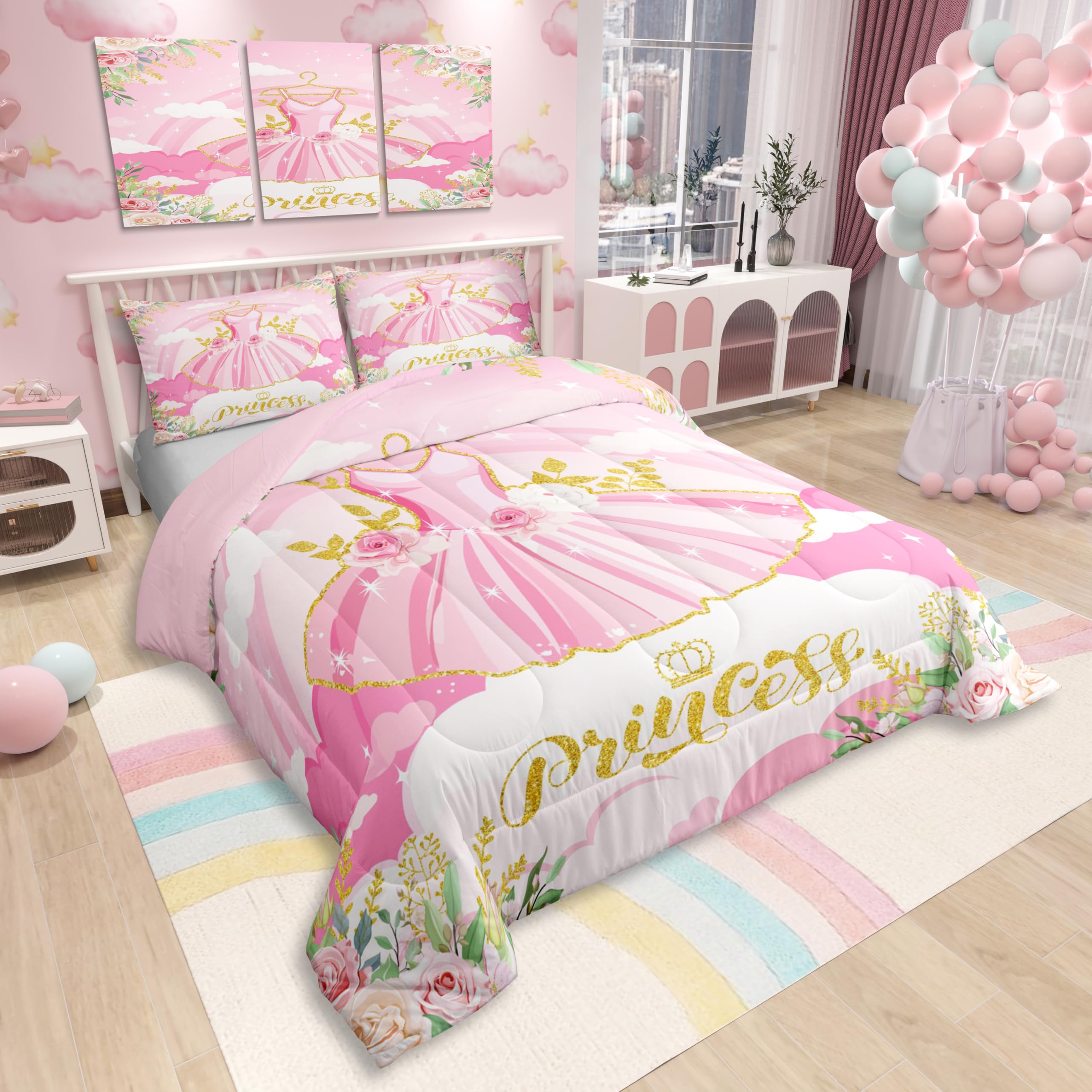 Ballet Dress Twin Size Comforter Sets for Kids Girls,Girly Princess Dress Bedding Sets Children Bedroom Decor,Teens Children Pink 2 Pieces Quilt Set,Fairy Tales Sky Rainbow Duvet Insert,Soft Fluffy