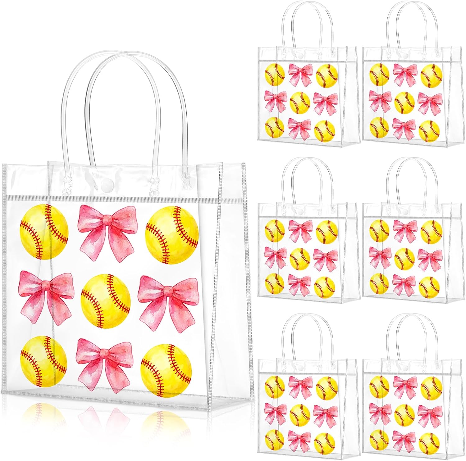 Wesnoy 20 Pcs Cute Softball Gift Bag Pink Bow Softball Goodie Gifts Bags with Handles Reusable Sport Themed Treat Bags for Candy Birthday Party Supplies 8 x 8 x 3.15''