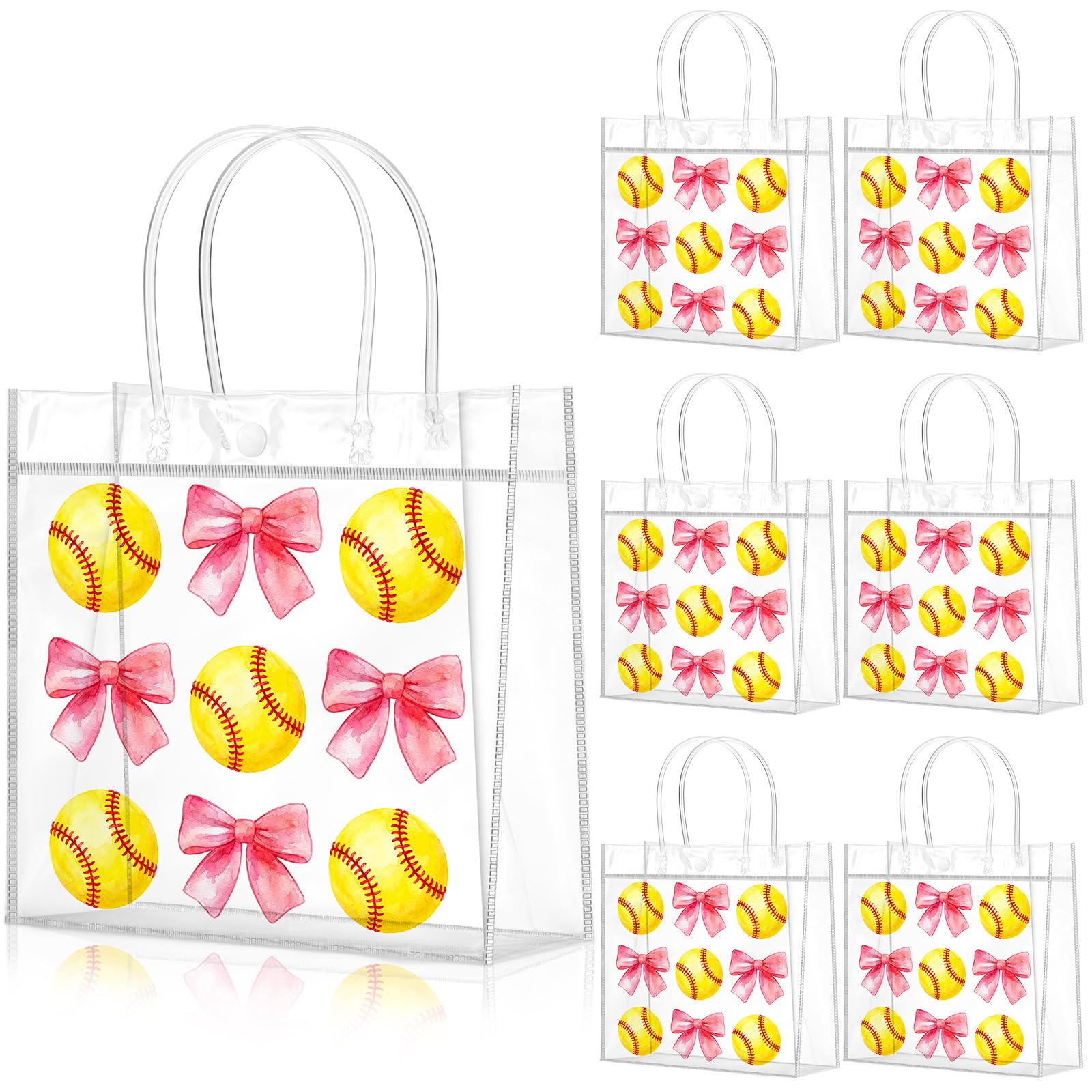 Wesnoy 20 Pcs Cute Softball Gift Bag Pink Bow Softball Goodie Gifts Bags with Handles Reusable Sport Themed Treat Bags for Candy Birthday Party Supplies 8 x 8 x 3.15''