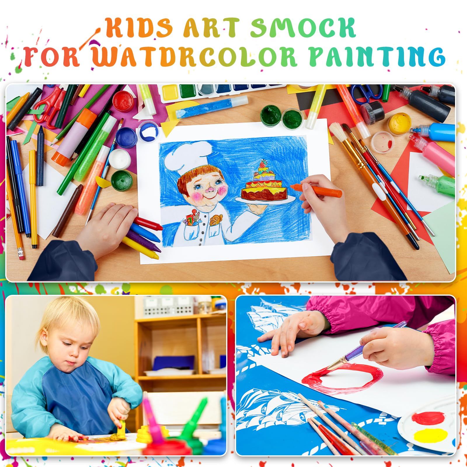 Grembiule da pittura per bambini, impermeabile, con 3 tasche, per bambini dai 3 ai 7 anni