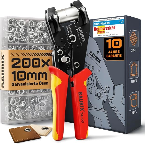 BAURIX® Ösenzange für Planen inkl 200 rostfreie Ösen (Ø 10mm) für PVC, Stoff, Leder – Ohne Vorstanzen – Hält Ösen magnetisch – Karbonstahl-Werkzeug – ideal für Schneider, Heimwerker & Bastler – TALOS - 1