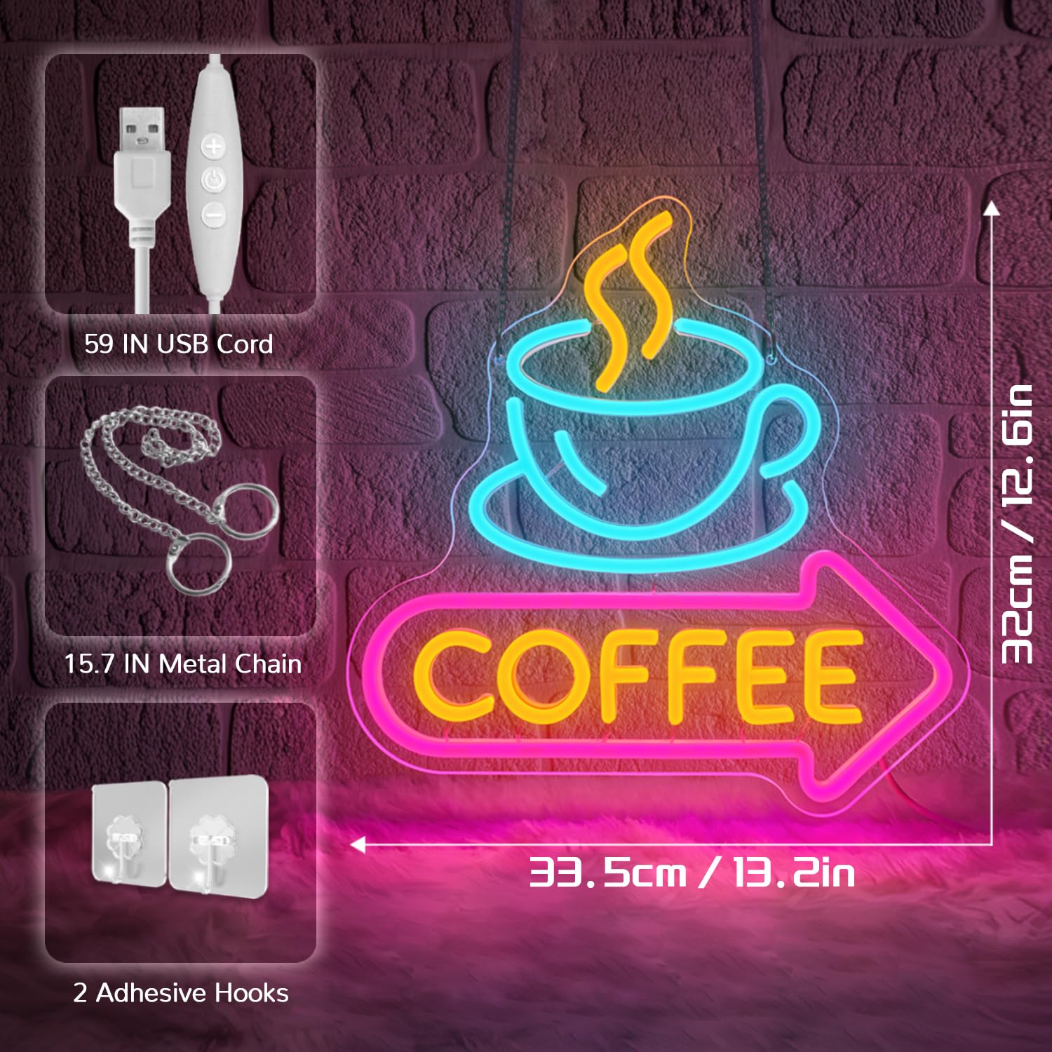 Lxmoneon Coffee Neon Light Sign Coffee Cup Led Neon Signs Dimmable Coffee Bar Neon Light USB Arrow Neon Wall Sign for Cafe Shop Station Corner Home Bar Kitchen Party Gift - Image 3