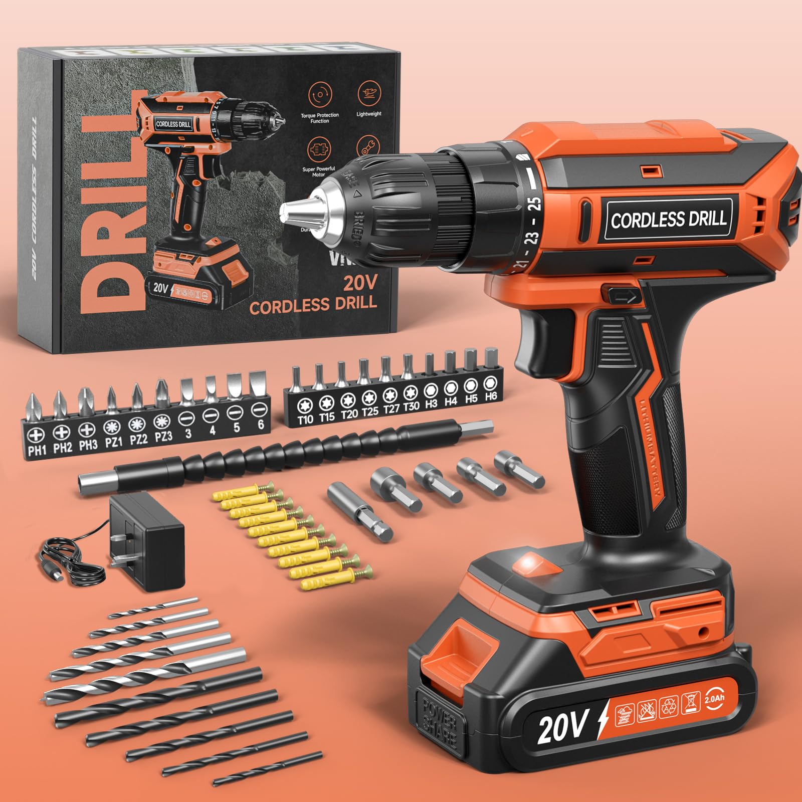 VIWKO Cordless Drill, 20V Electric Combi Drill Set, 25+1 Torque 370 in-lb Power Drills, Electric Screwdriver with 56PCS Accessories LED Light, 2.0Ah Battery Hand Drills Driver for Home Repair DIY Gift