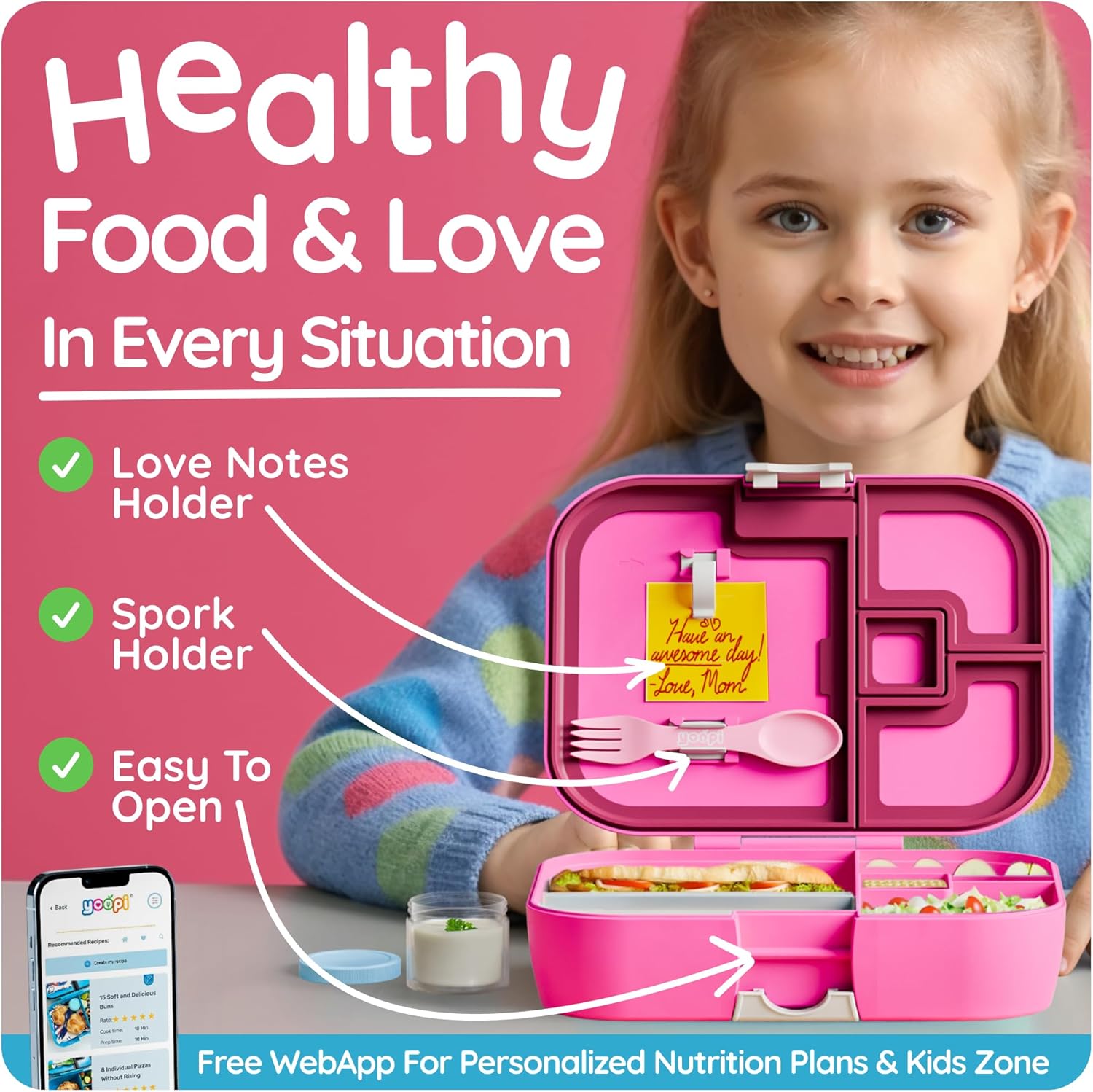 YOOPI Bento Box for Kids, Leak-Proof, BPA-Free School Bento Lunch Box Containers with Compartments. Online Healthy Meal Planning, Durable, Easy-Clean, Eco-Friendly Lunchbox for Boys & Girls (Fuchsia) - Image 2