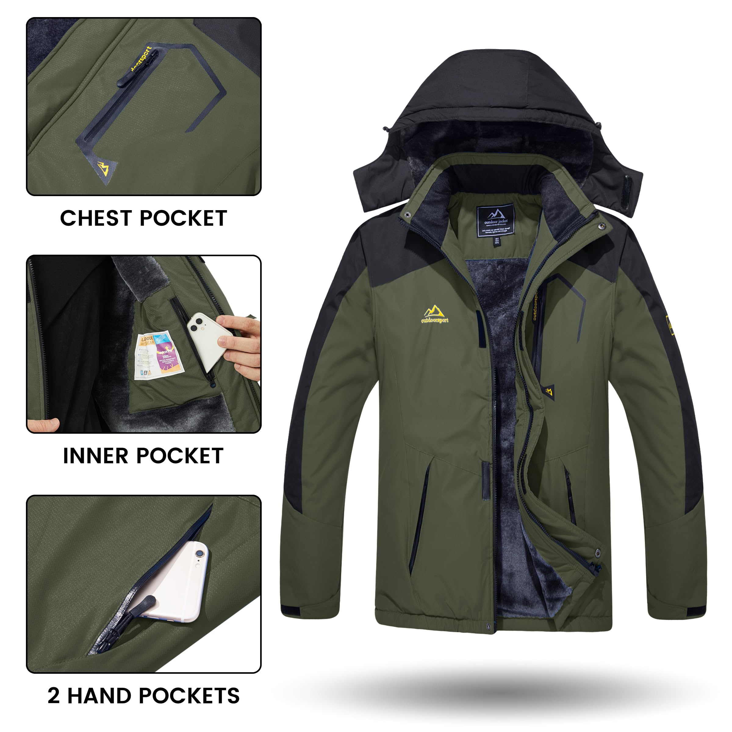 TACVASEN Men's Ski Jacket Windproof Fleece Liner Jacket Winter Snow Hooded Coat, Green, XL 3