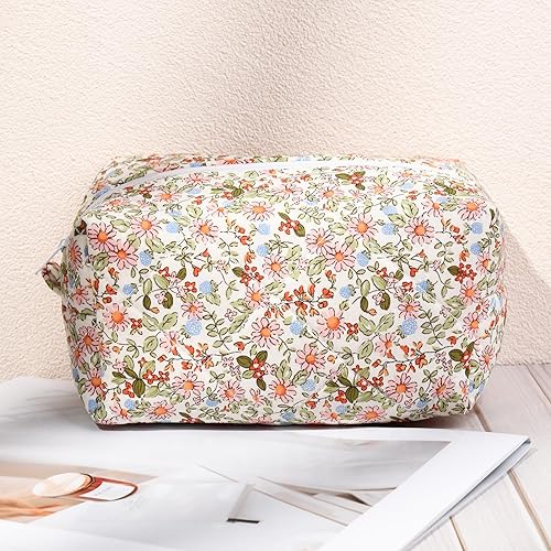 Miniatura 2 de SOIDRAM Bolsa de maquillaje acolchada Bolsa de cosméticos floral Coqueta hinchada Bolsa de maquillaje, verde, rosado, (Pink Green Floral)