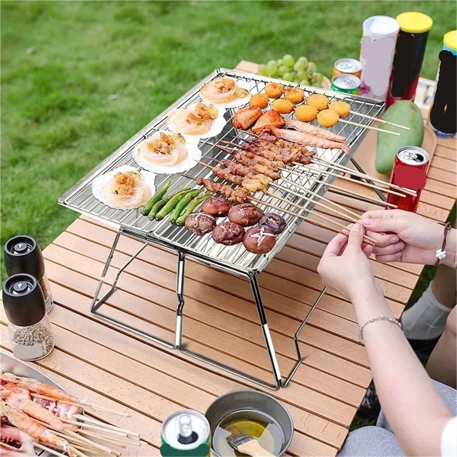 Parrilla plegable de acero inoxidable para exteriores, fácil de montar, portátil, para camping, parrilla de carbón para el hogar