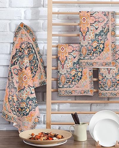 Miniatura 2 de Juego de 2 toallas de cocina de tejido de punto gofre de algodón, con textura de flores persas retro, 16 x 24 pulgadas, absorbentes, de secado