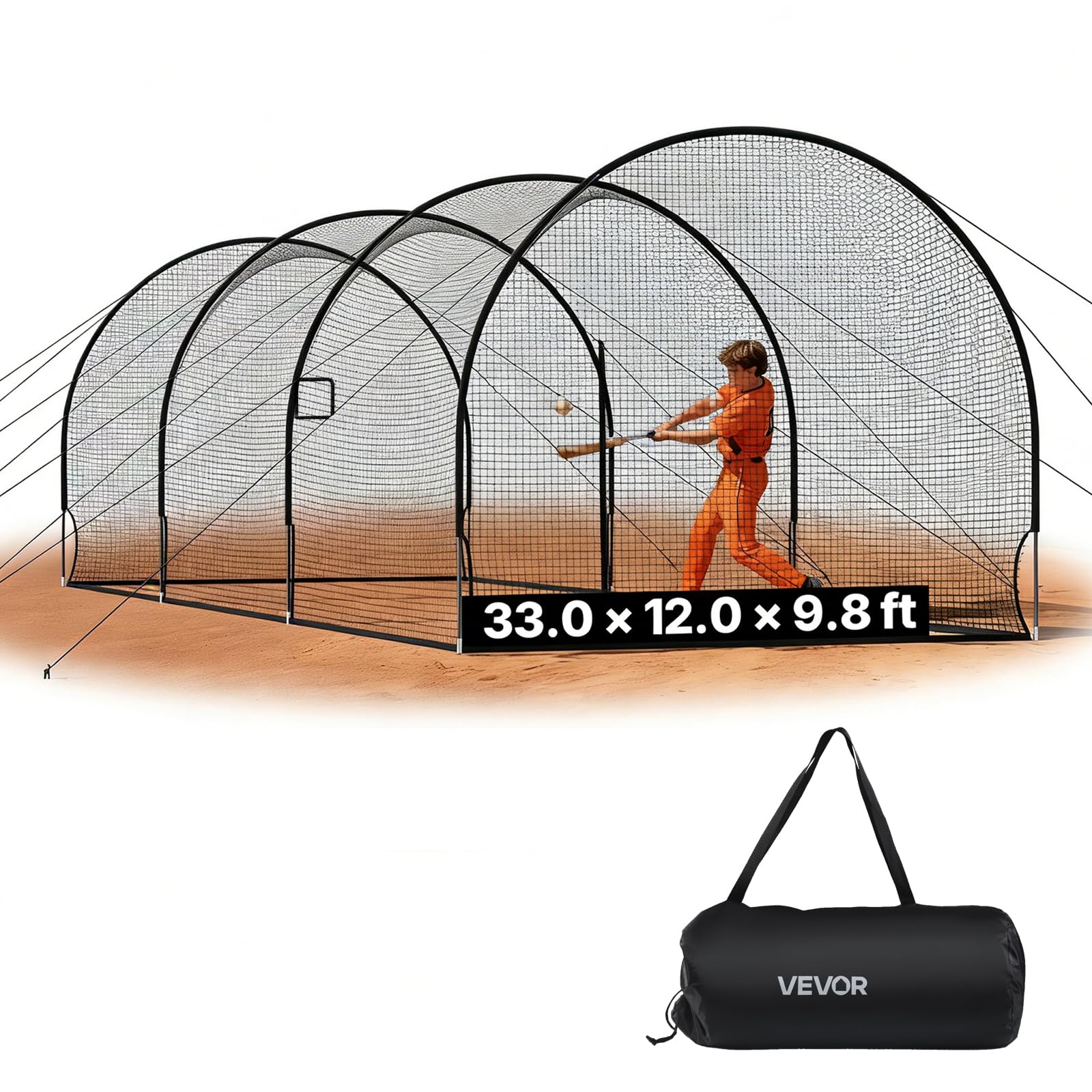 VEVOR Gabbia da Battuta da Baseball da 10058 x 3660 x 3000 mm Indipendente con Poliestere senza Nodi a 4 Strati e Apertura per Macchina da Lancio, Gabbie da Battuta in Rete per Interni Esterni