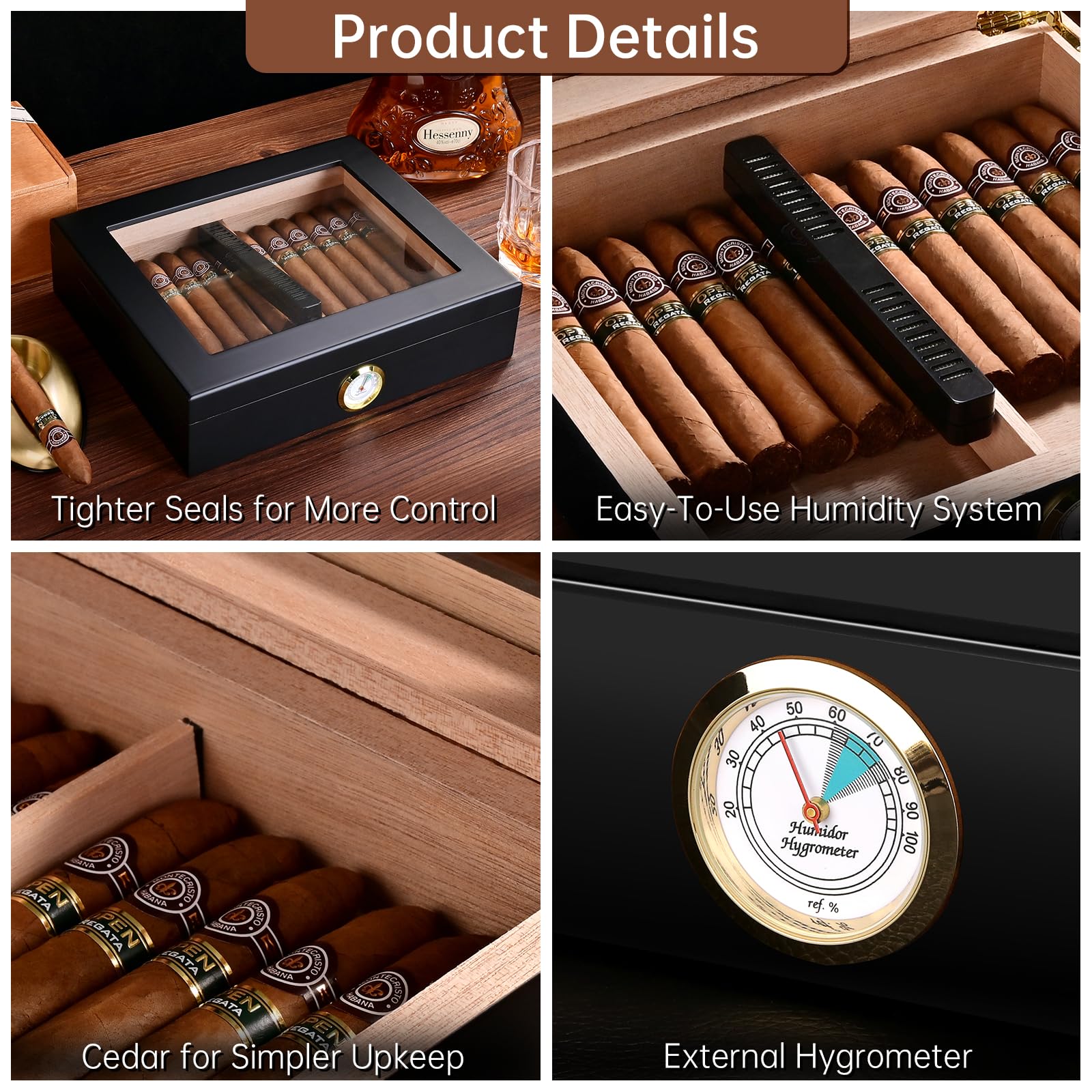 Zigarren Humidore Spanisches Zedernholz, Eleganter Humidor mit Hygrometer und Befeuchter & Zigarrenschneider Zedernholz Humidor Etui Zigarren-Desktop-Box Geschenke für Männer (Schwarz)