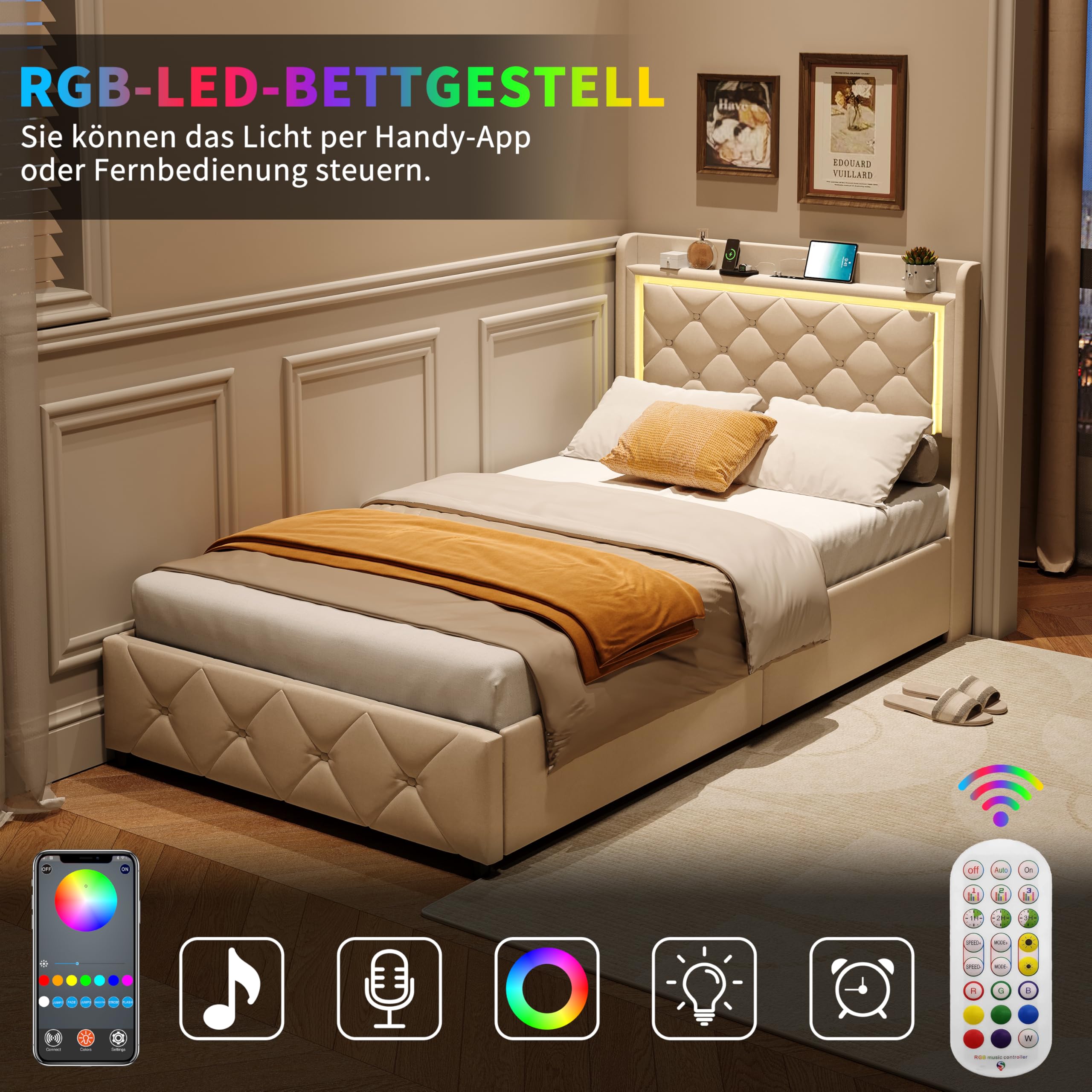 Letto imbottito singolo, 90 x 200 cm, con LED e USB, per bambini con 2 cassetti, con testiera e rete a doghe, in velluto, senza materasso (beige-B)