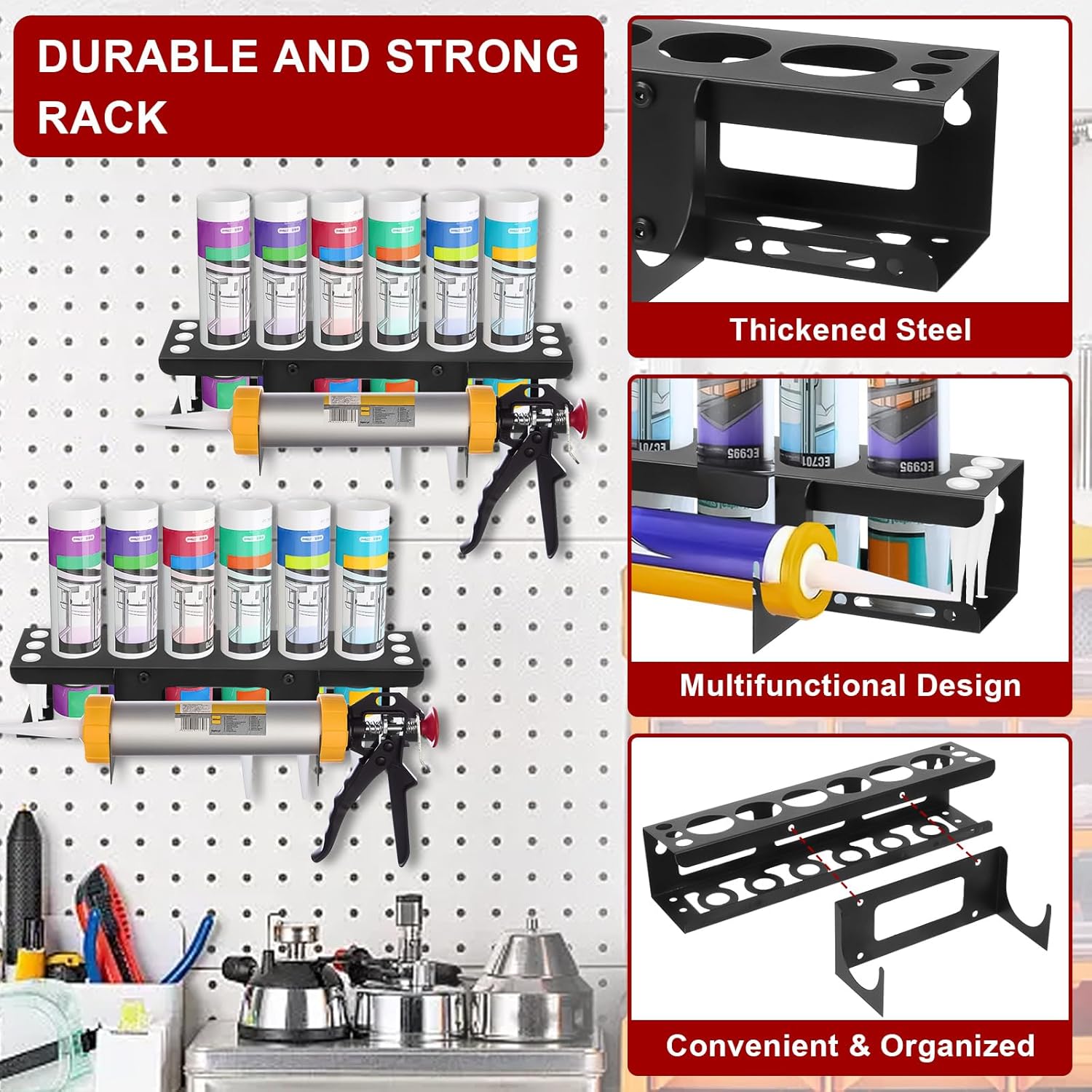 Caulking Gun and Tube Holder - Heavy-Duty Wall Mounted Hand Caulk Tools Storage Rack, Holds 6 Tubes, Organizer for Workshop, Shop, Garage, 41x8.5x8.5cm (2Pcs)