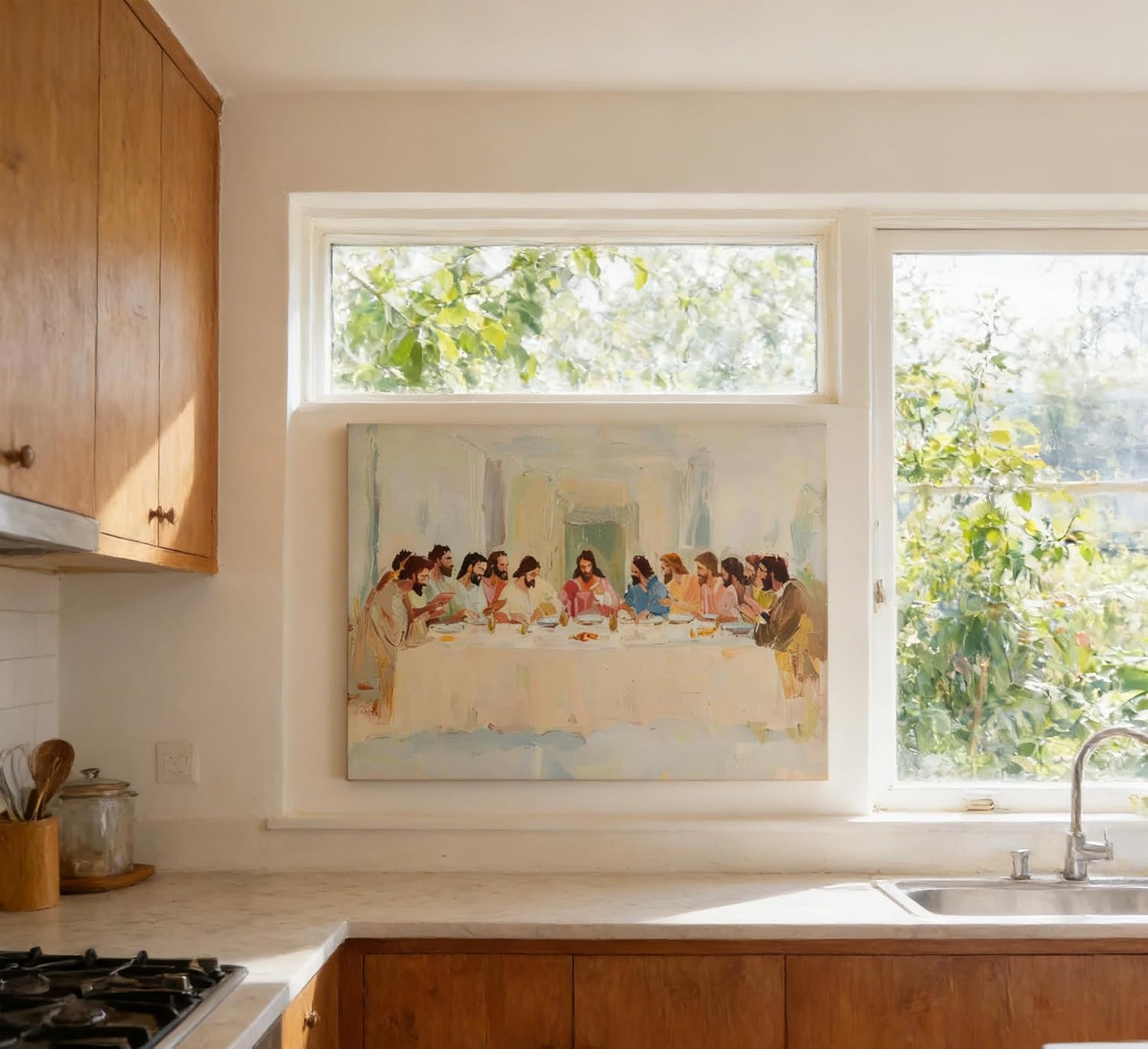 BVVEYKXX The Last Supper Canvas Wall Art, Impressionist Soft Neutral Christian Picture Wall Decor, Modern Religious Catholic Decor for Church, Dining Room Living Room Kitchen Home Decoration 16x24 in