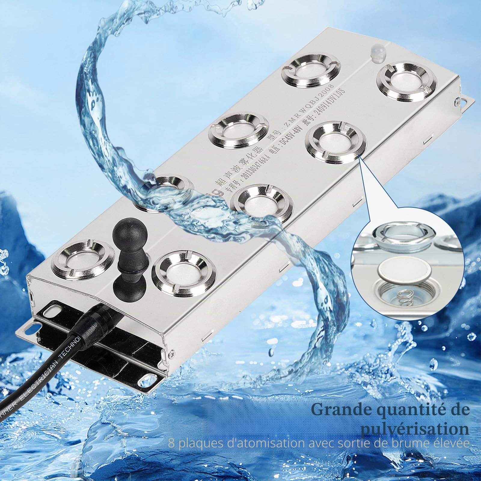Kit Brumisateur Ultrason pour Fontaine, 6400ml/H, 8 Têtes, Acier Inoxydable