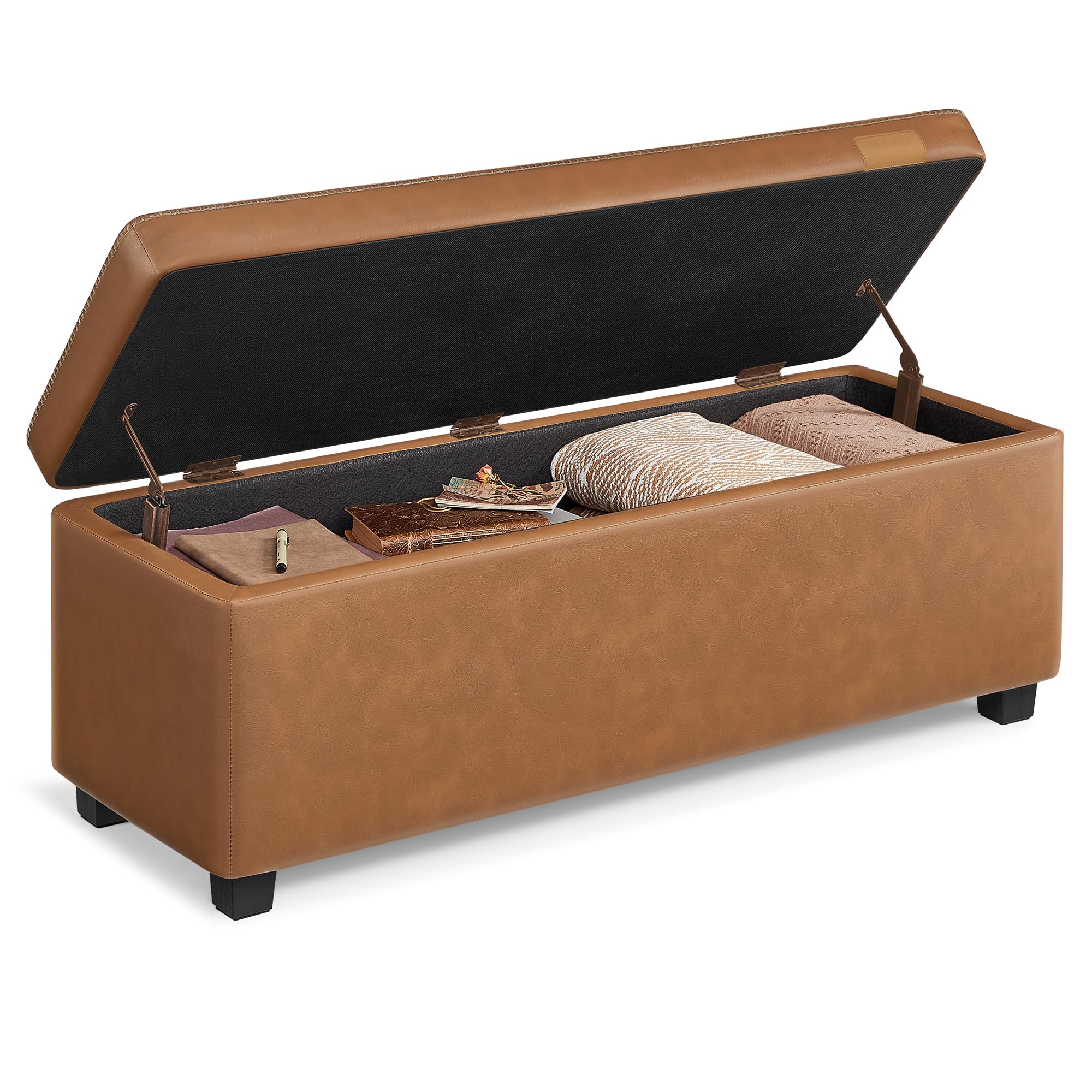 VASAGLE EKHO Collection - Storage Ottoman Bench, Entryway Bedroom Bench, 25 Gallons, Synthetic Leather with Stitching, Mid-Century Modern, Safety Hinges, Loads 660 lb, Caramel Brown ULOM075K01