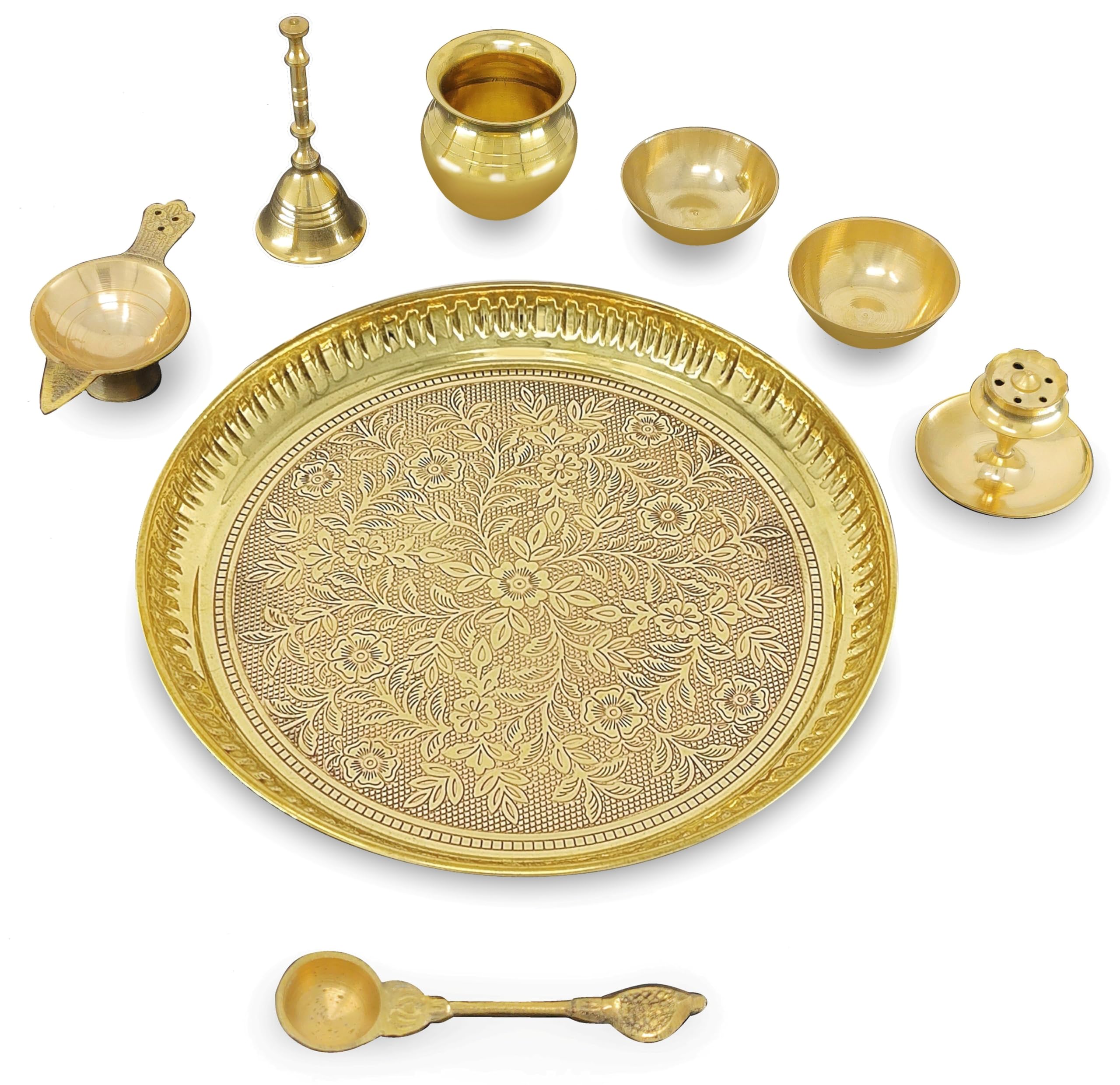 BENGALEN Set Puja Thali in ottone da 20,3 cm Pooja Thali con piatto design Pital Kalash Chandan Wati Dhup Dan Diya Ghanti Palli Arti Thali per Diwali Home Office Mandir Articoli regalo di ritorno di