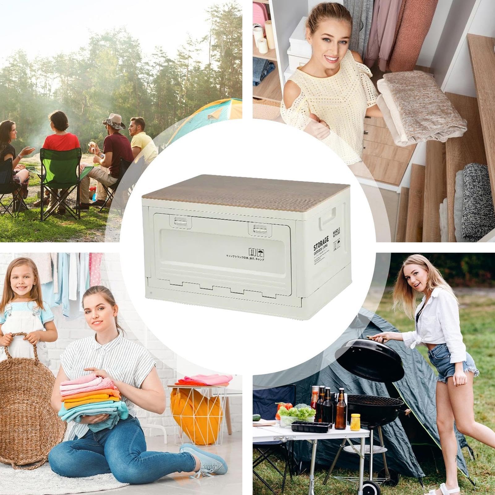 Contenitore pieghevole con coperchio in legno, 50 l, comprimibile, portatile | Organizer pieghevole salvaspazio portatile per libri, snack, casa