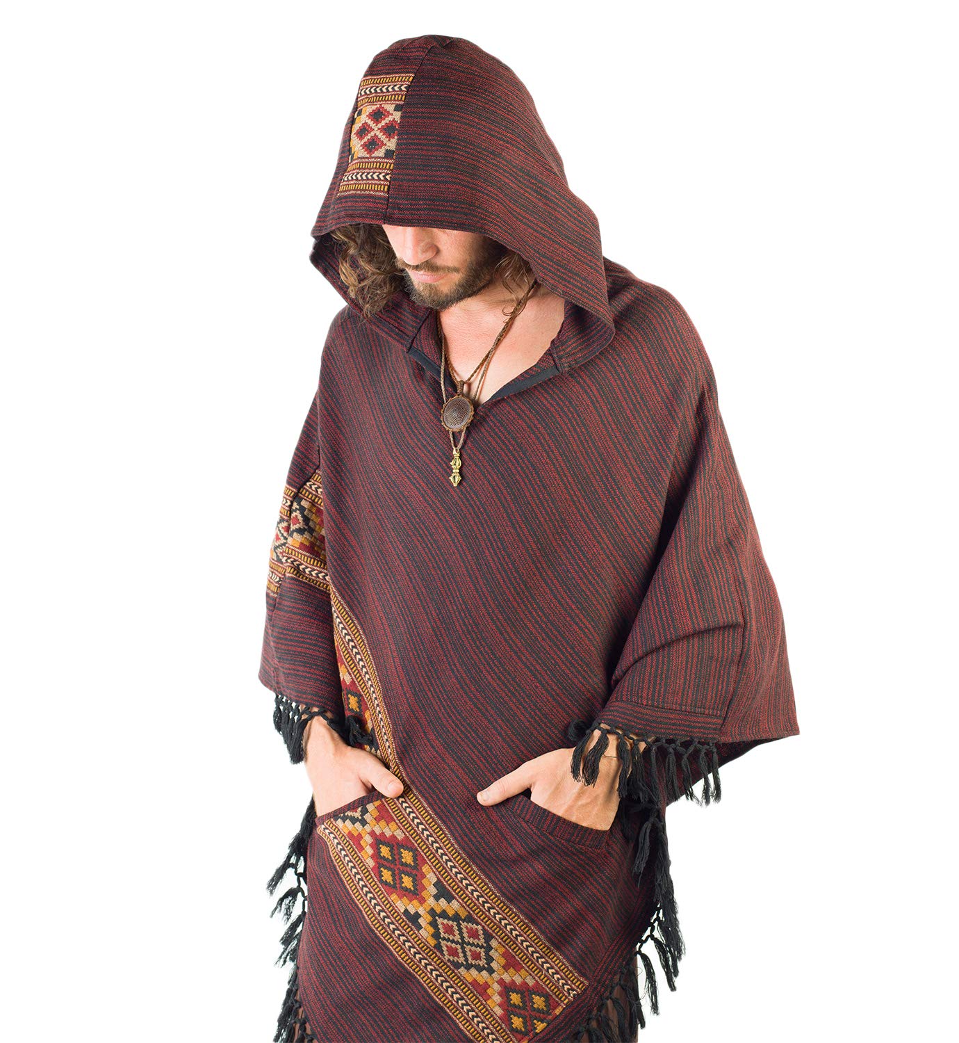 Poncho de lana de yak rojo carmesí para hombre con capucha grande, hecho a mano, primitivo, festival gitano, tribal mexicano, bordado, alternativa, rosso, Talla única