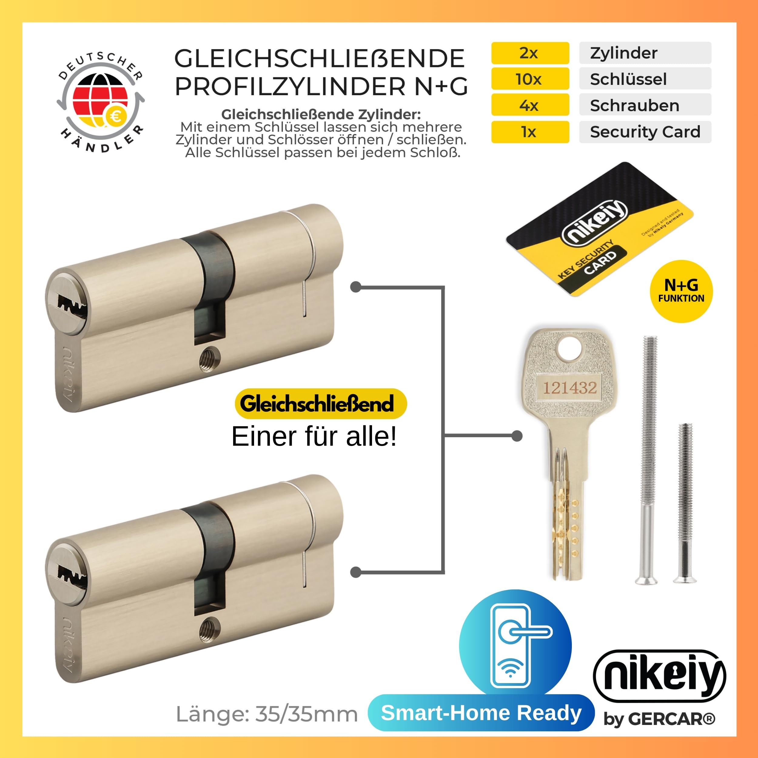 GERCAR Pro Set Of 4 Profile Cylinders Simultaneous Locking 35/35 – N G Lock Cylinder With Emergency And Danger Function – Cylinder Lock With Drill Protection And 10 Keys With CodeCard | 70 Mm | A:35 - View #9