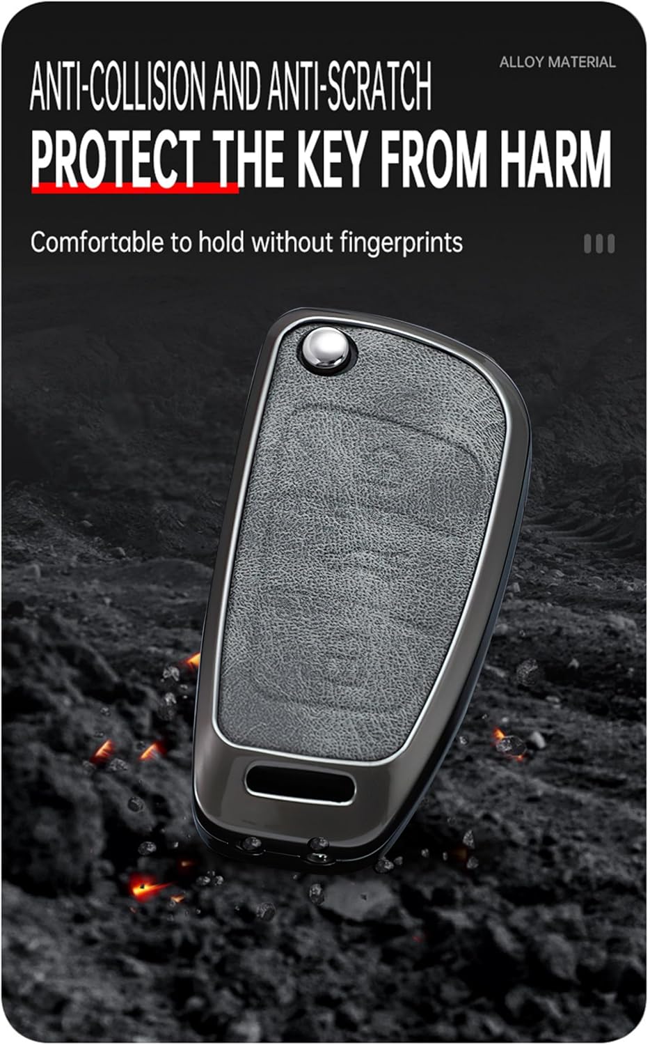 SANRILY Gray Metal Leather Flip Key Fob Cover Fit for Audi A1 A3 S3 S8 Quattro R8 Q3 Q7 TT A6L Accessories Keyless Key Holder with Keychain C