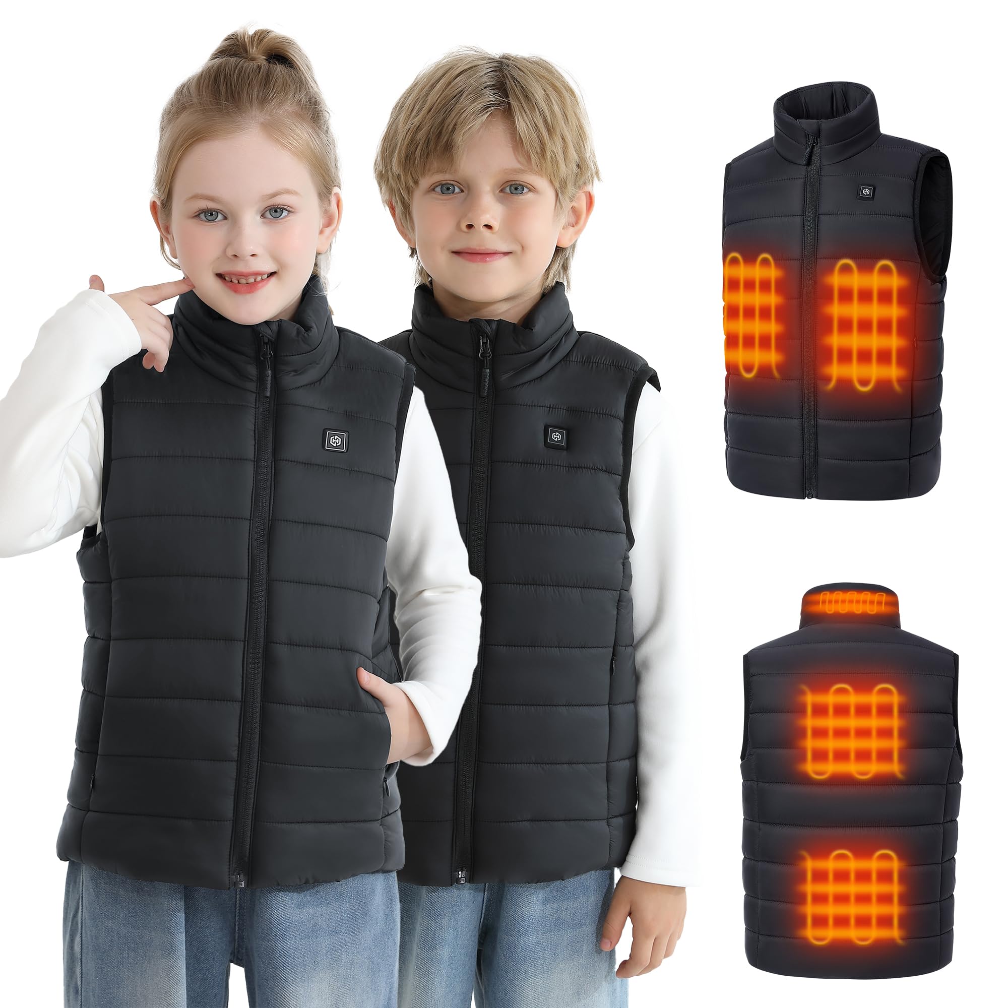 Gilet Chauffant Enfant Avec Batterie Incluse 12000mAh 7.4V, Électrique Veste Chauffante Enfant Avec 5 Zones De Chauffage, Gilet Chauffant Pour Garçons Et Filles Pour Plein Air Sports Hiver -XL