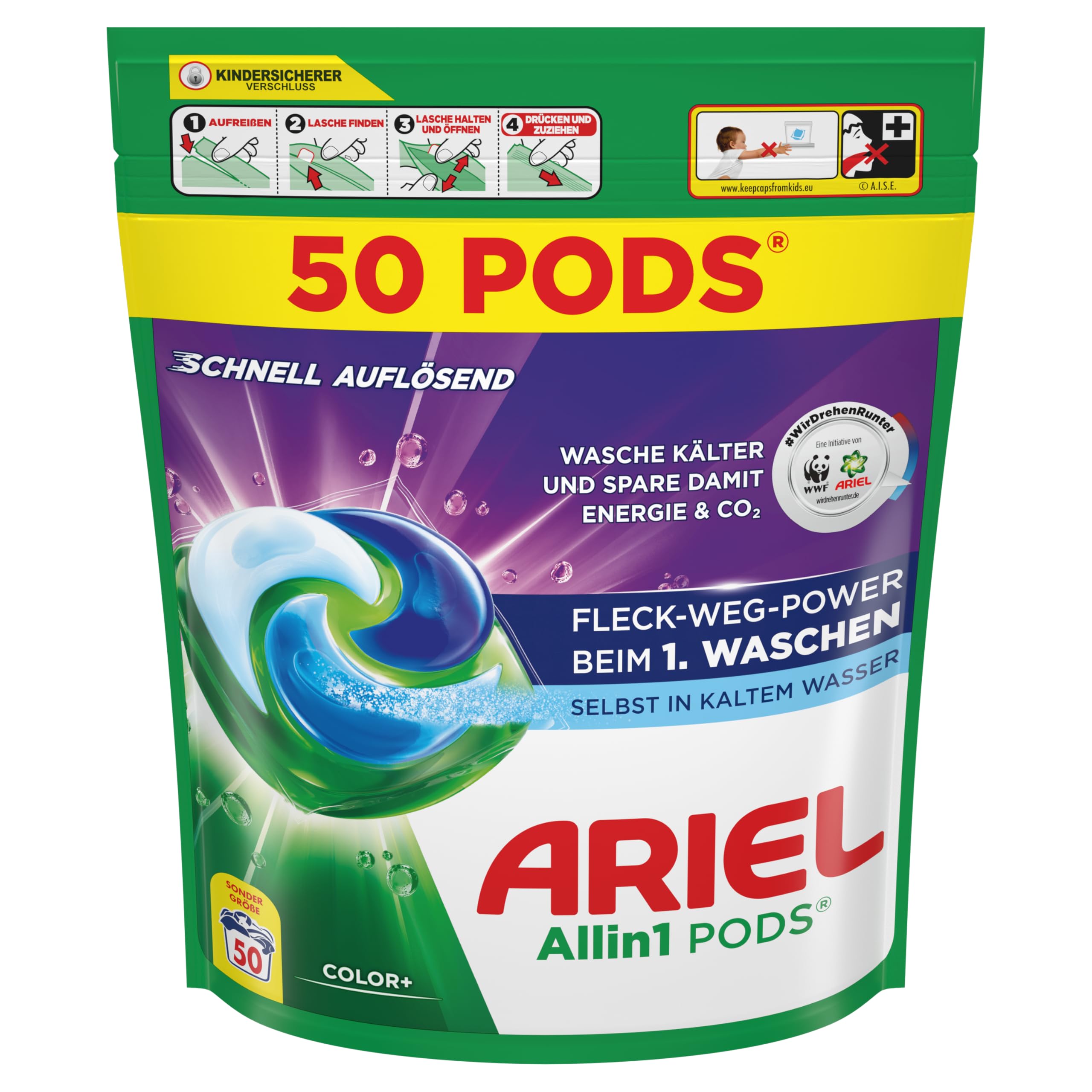Ariel Allin1 PODS - Detergente líquido en cápsulas, 100 lavados, Color+, Fleck-Weg-Power desde el primer lavado, incluso en agua fría