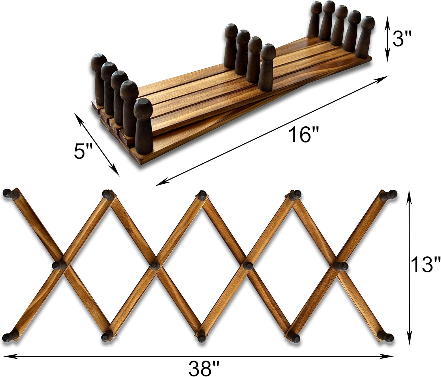 Expandable Wooden Coat Rack Hanger - Large Accordion Hanger with Expanding Pegs | Hand Made Rustic Wooden Hat Rack for Wall | Hang Coat, Jacket, Hat | Wall Rack – 14 Hook, Torched Wood image 3