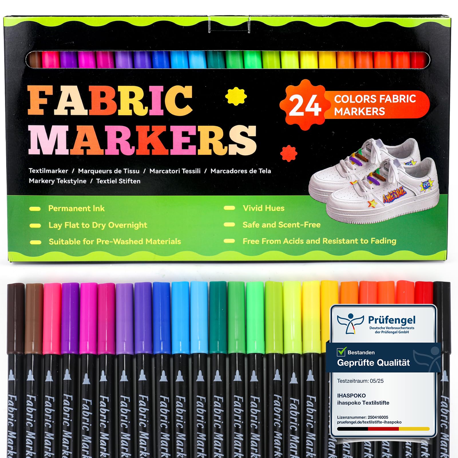 Rotuladores Para Tela, 24 Colores Rotulador Textil Permanente para Camisetas Jeans Sombreros Bolsas de Lona Zapatos