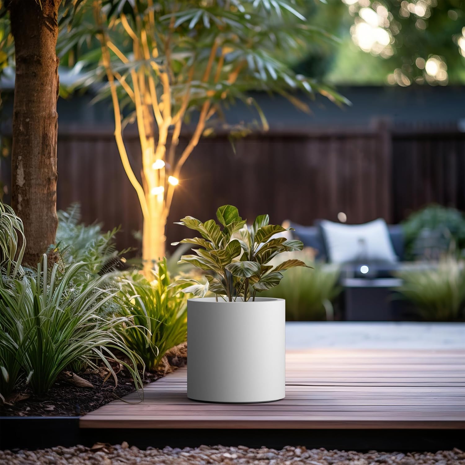 Dia Round Concrete Planter, Modern Style Large Cylindrical Plant Pot with Drainage Hole and Rubber Plug for Indoor Outdoor Patio, Pure White