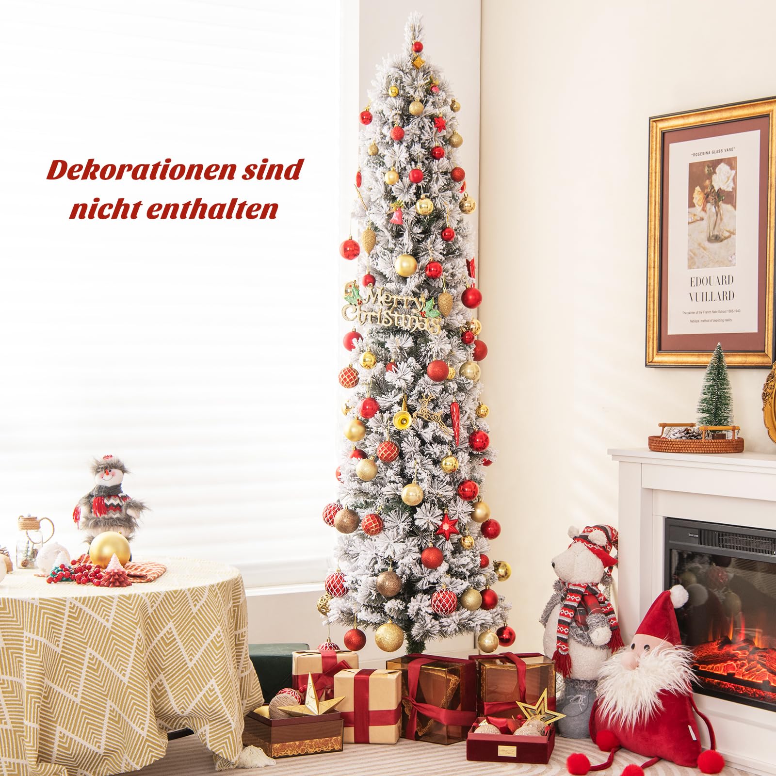 COSTWAY 180 cm Bleistift Weihnachtsbaum mit Schnee, Tannenbaum künstlich mit Beleuchtung, 150 LEDs in warmweiß, Christbaum schmal mit Metallständer, Kunstbaum Weihnachten PVC, Weiß