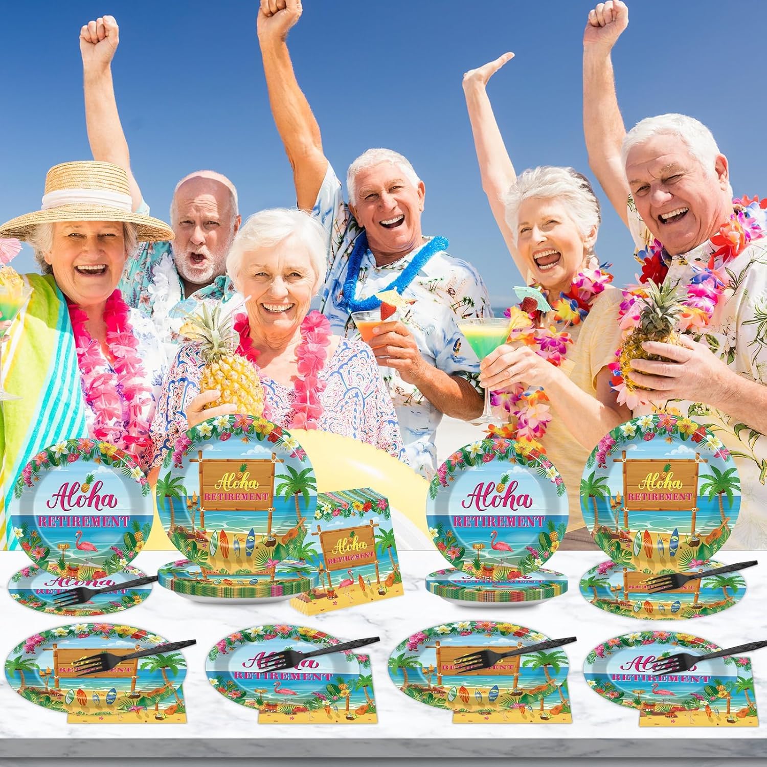 200PCS Tropical Hawaiian Luau Retirement Party Plates Napkins Happy Retirement Party Paper Tableware Set Summer Aloha Disposable Dinnerware for Hawaiian Beach Happy Retirement Party Supplies Serve 50