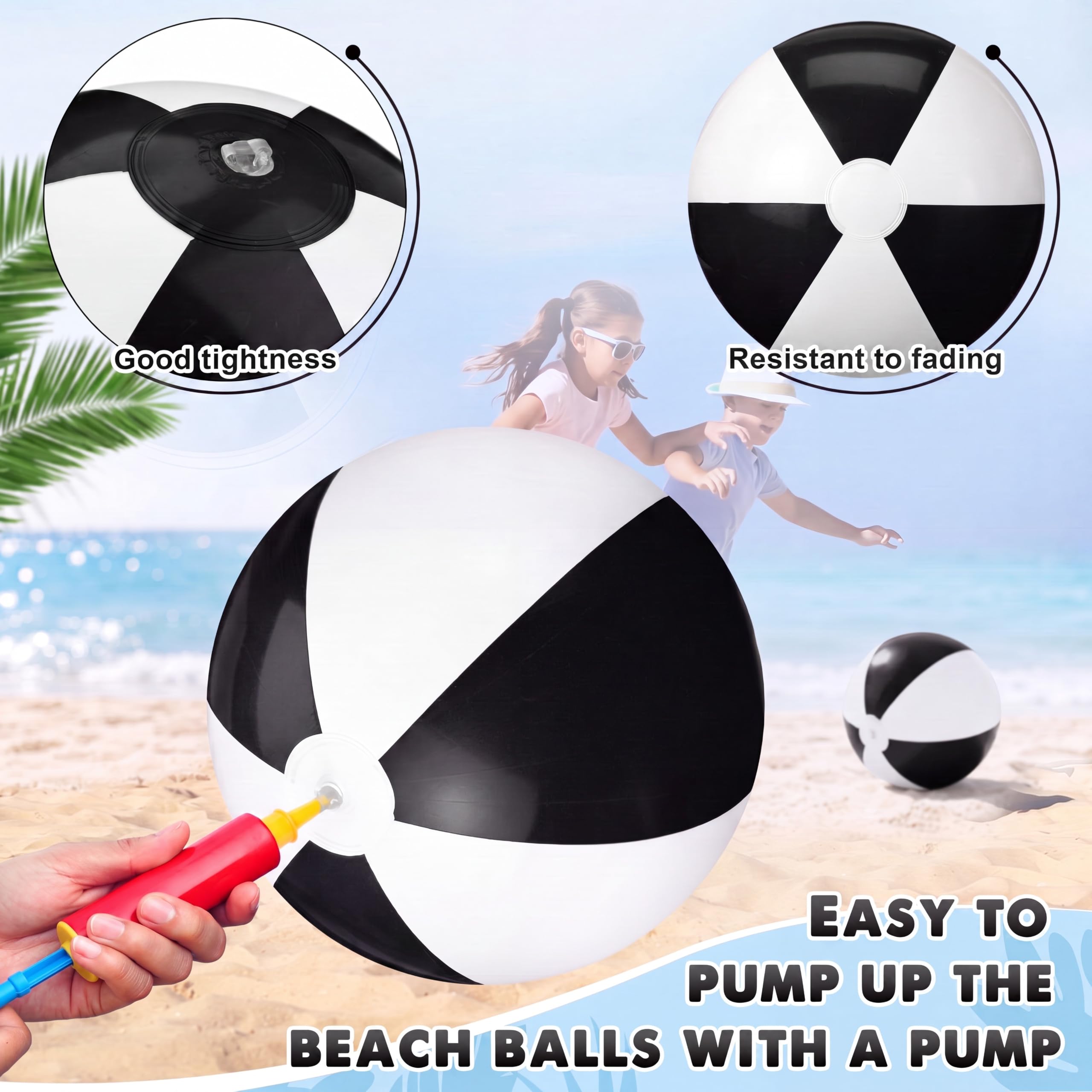 Zhanmai 40 palline da spiaggia gonfiabili, 25,4 cm, per piscina e spiaggia, per adolescenti e adulti, giocattoli per piscina, decorazioni estive hawaiane a tema tropicale, bomboniere (nero e bianco)