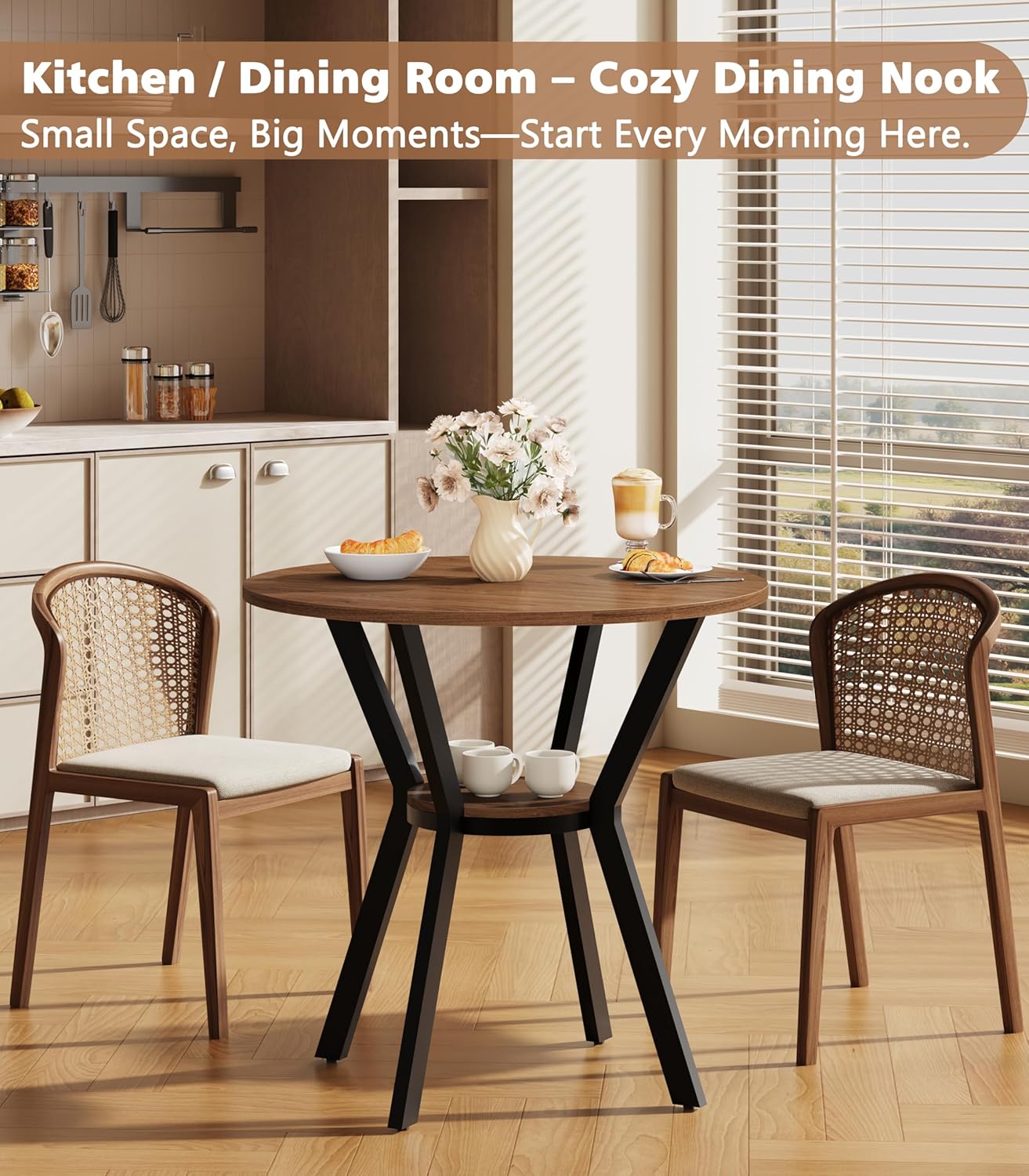 MECHYIN 31.5" Round Dining Table for 2-4, Farmhouse Small Kitchen Table with Storage, Space Saving Circle Table, Rustic Wood Dining Room Tables with Metal Legs for Kitchen, Dining Room, Apartment